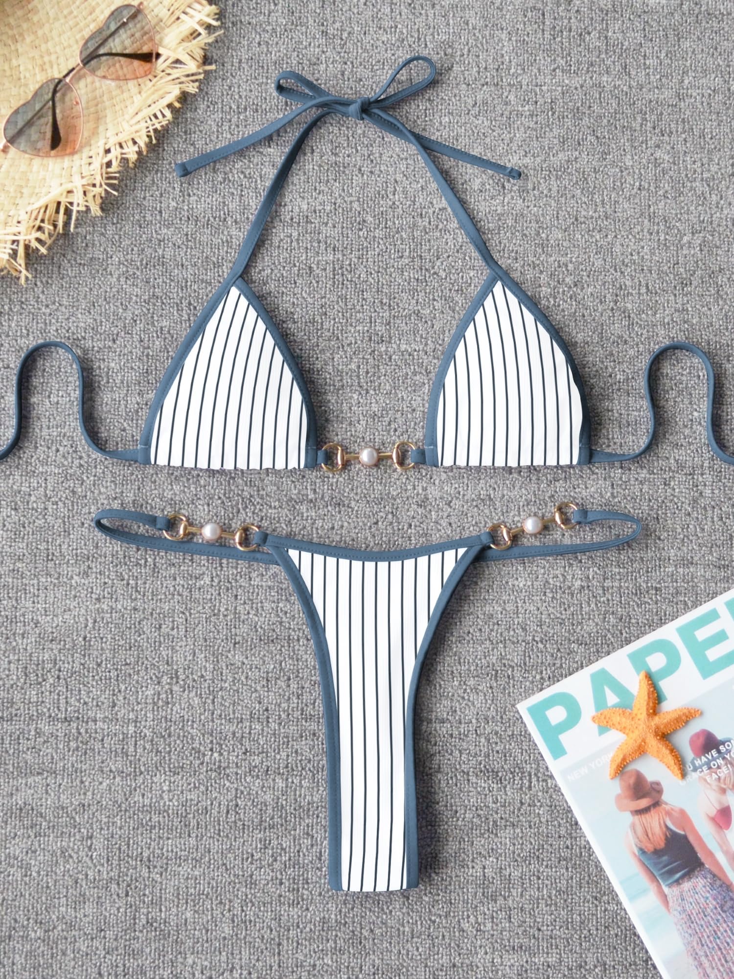 TASHEHE Women's Triangle Thong Bikini Set Sexy String Brazillian Two Piece Swimsuit Cute Bikini Bathing Suit - White Blue Stripes - Small