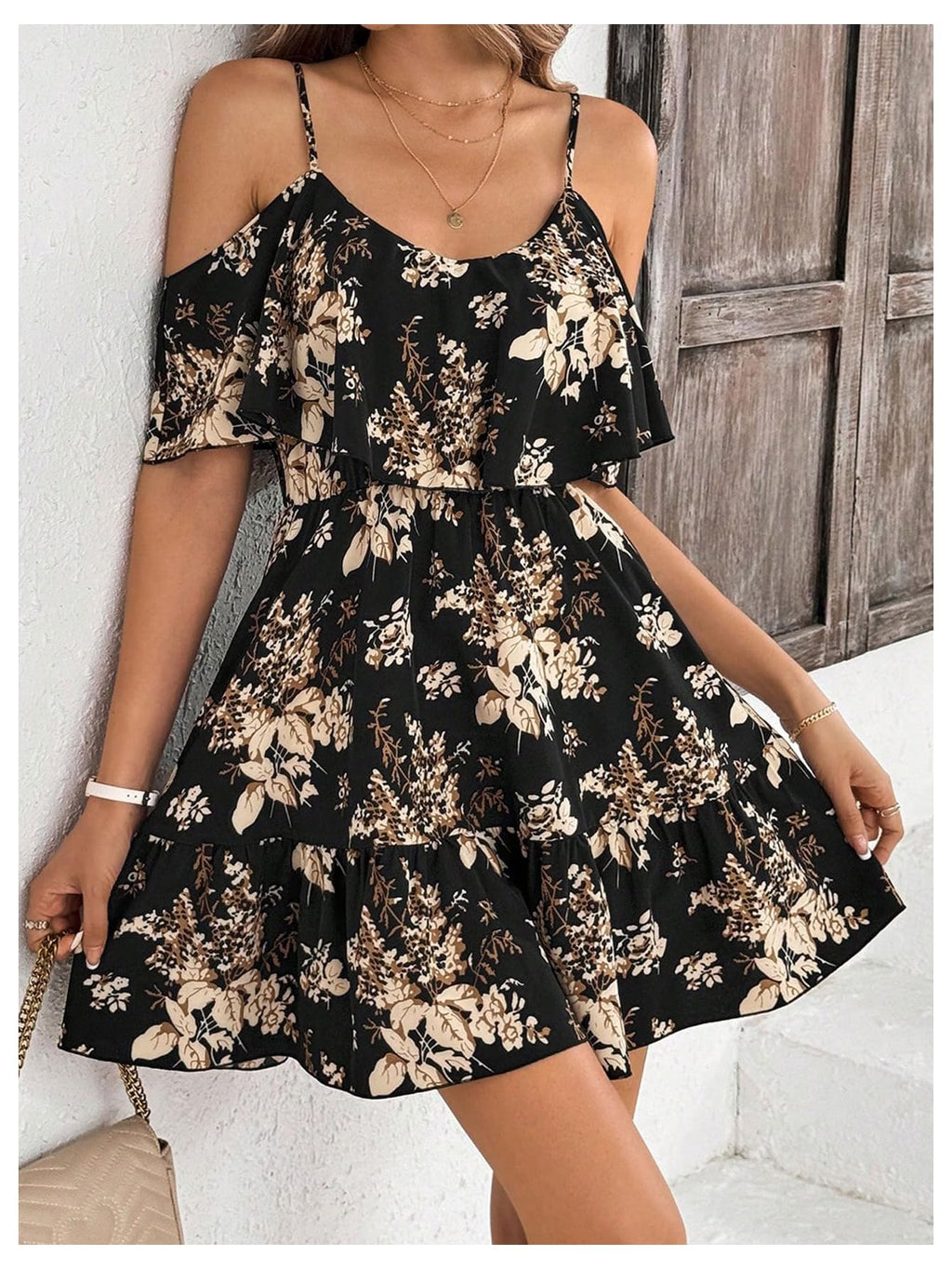SOLY HUX Women's Boho Floral Print Cold Shoulder Dress Short Sleeve Ruffle A Line Vacation Elegant Mini Dresses Black Medium