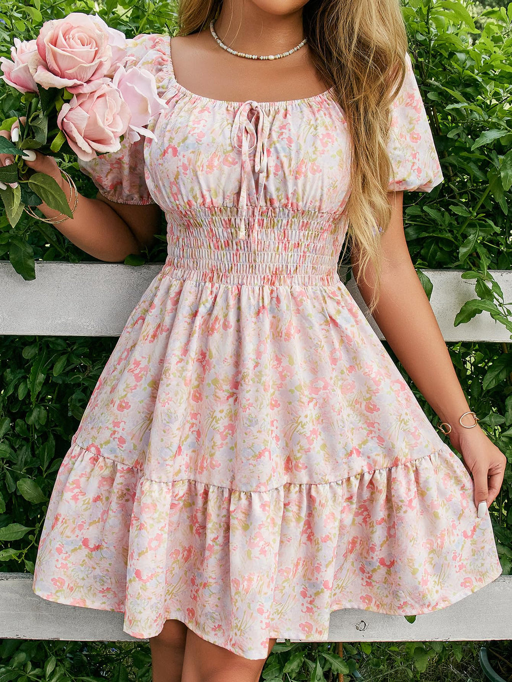 Floerns Women's Boho Square Neck Puff Short Sleeve Self Tie Front A Line Dress Floral Pink Large