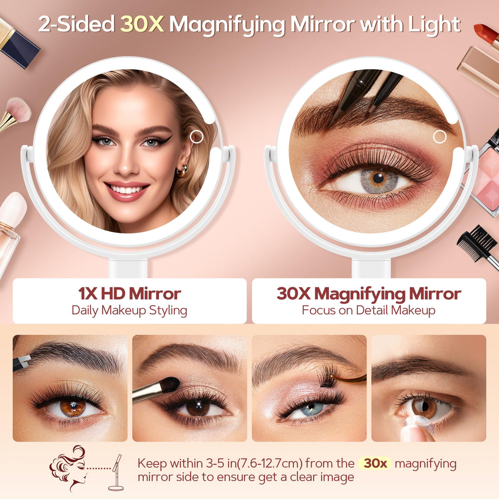 B Beauty Planet Vanity Mirror with Lights, 30X Magnifying Makeup Mirror with 3 Lighting and Adjustable Brightness, Rechargeable 2-Sided Height Adjustable Desk Mirror for Bathroom, Gift for Women White