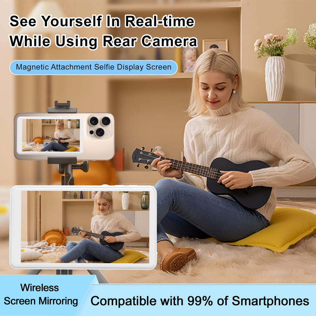 Selfie Monitor Screen for iPhone/Android,Magnetic Phone Vlog Selfie Screen with 1800mAh Battery&Bluetooth Remote,Wireless Back Camera Monitor for Live Streaming/TikTok(White)