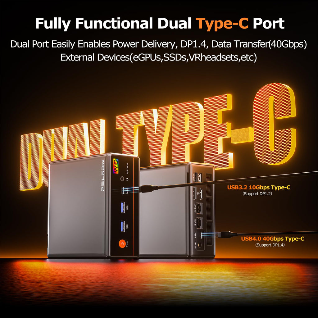 PELADN WO4 Gaming Mini PC 7640HS(Beats Ryzen7 6850H/7735HS) 32GB Dual DDR5, 1TB Dual SSD - AMD Ryzen 5 7640HS Mini Computer with Dual Type-C USB4.0 & Dual LAN, WiFi6, BT5.2