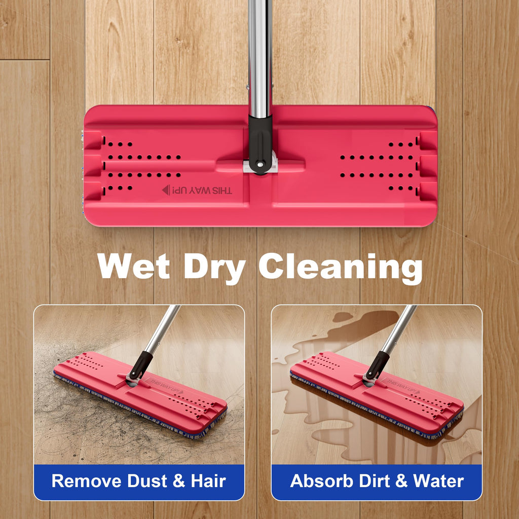 JOYMOOP Mop and Bucket with Wringer Set, Hands Free Flat Floor Mop and Bucket, with 4 Washable Microfiber Pads, Wet and Dry Use, Floor Cleaning System - Black+Red+Slate Blue