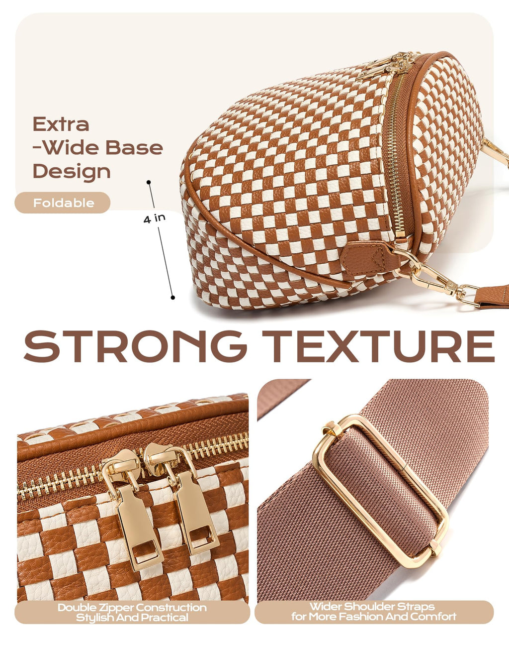 Trendy Woven Checkered Crossbody Bum Bag for Women，PU Leather Checkered Purse Fanny Packs Belt Bag (Woven Bum Bag - Brown White)