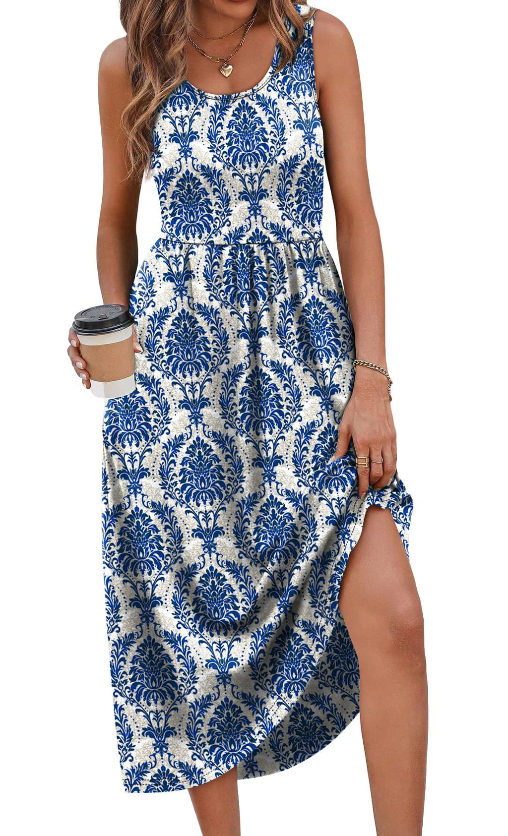 WIHOLL Summer Dresses for Women 2025 2026 Sleeveless Flowy Cute Casual Midi Dresses for Women Spring Dress Sundresses for Women Resort Wear Maxi Dress Blue Damask Print M