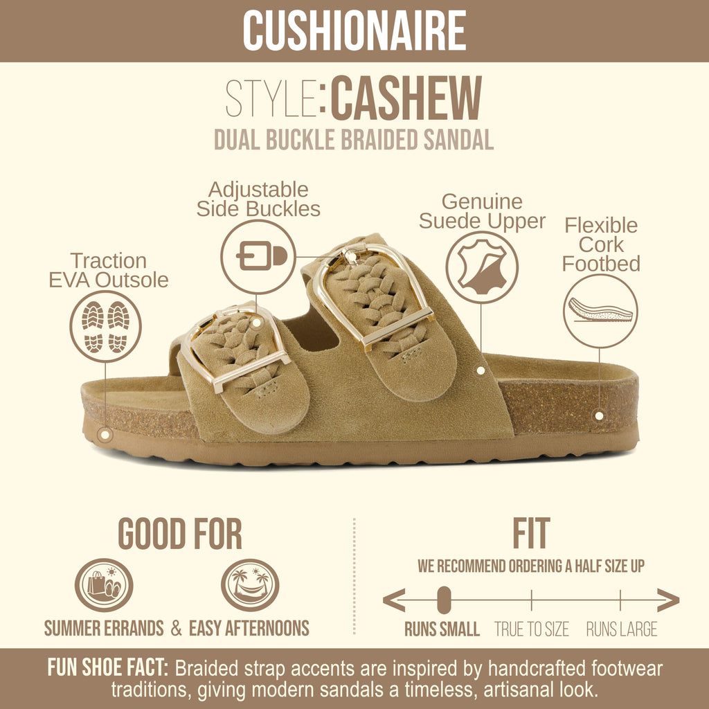 CUSHIONAIRE Cashew Slip On Womens Sandals, Genuine Suede Leather Braided Double Strap Slide On Sandals with Adjustable Big Buckle for Women 2026, Sand 8