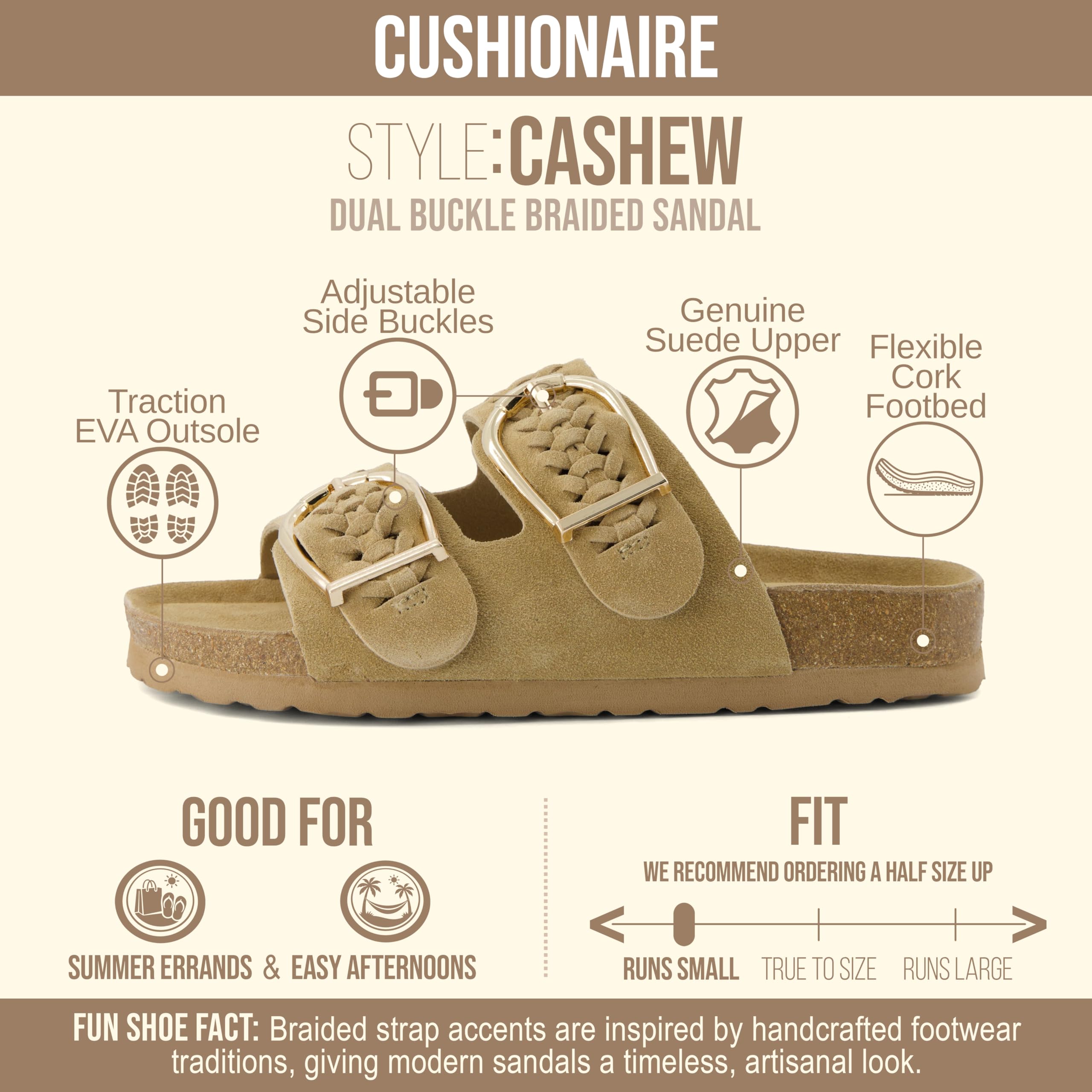 CUSHIONAIRE Cashew Slip On Womens Sandals, Genuine Suede Leather Braided Double Strap Slide On Sandals with Adjustable Big Buckle for Women 2026, Sand 8
