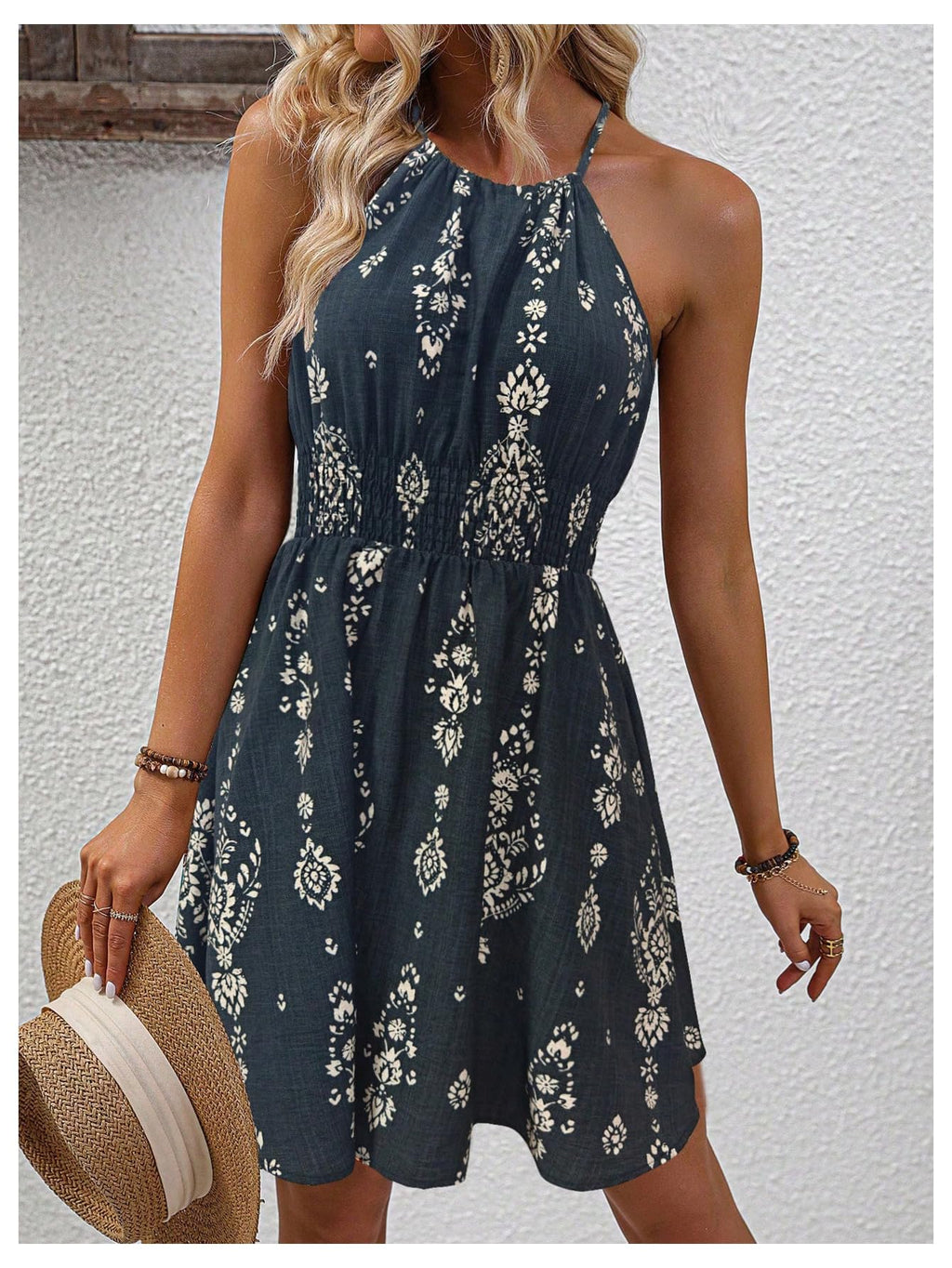 SOLY HUX Women's Floral Halter Mini Dress Boho Sleeveless Flowy Beach Vacation Sundress Multicoloured Floral Large