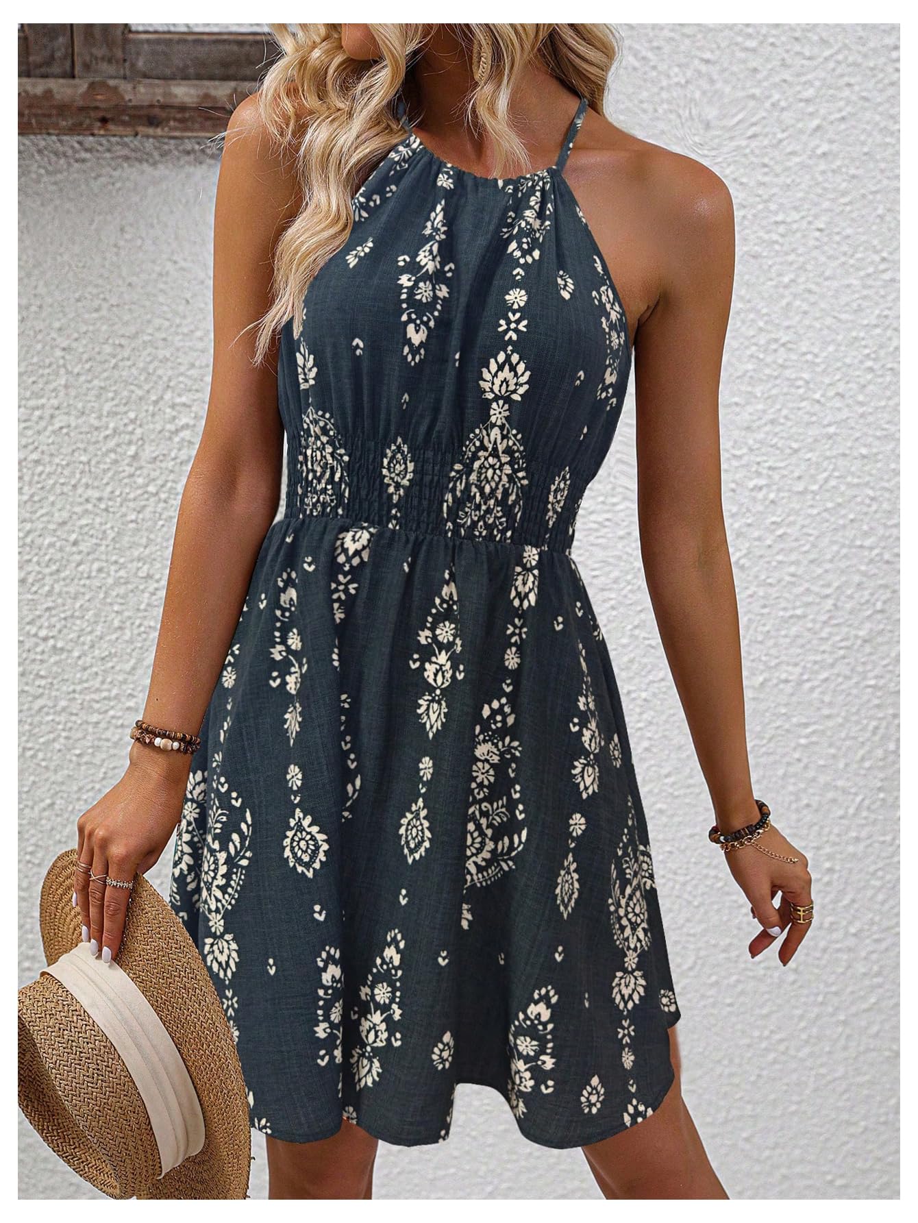 SOLY HUX Women's Floral Halter Mini Dress Boho Sleeveless Flowy Beach Vacation Sundress Multicoloured Floral Large