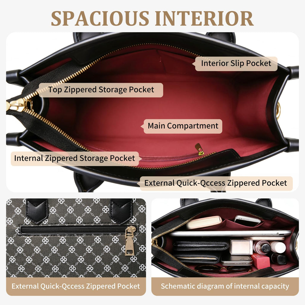Women's Handbags Fashion, 3PCS Top Handle Bags for Women, Handbags Tote Shoulder Purse Set PU Leather Satchel Bag Adjustable Strap Work with Zippe (black)