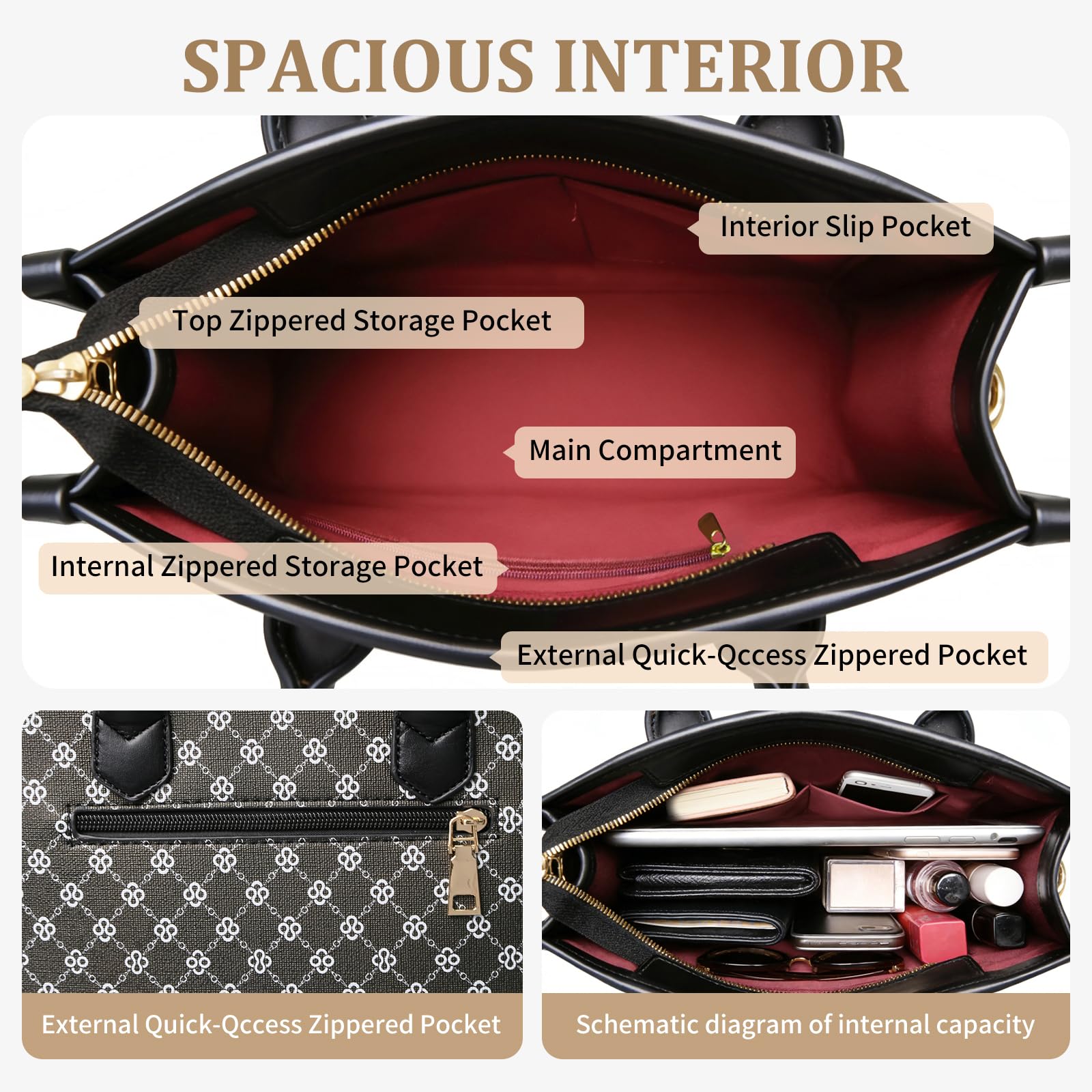 Women's Handbags Fashion, 3PCS Top Handle Bags for Women, Handbags Tote Shoulder Purse Set PU Leather Satchel Bag Adjustable Strap Work with Zippe (black)