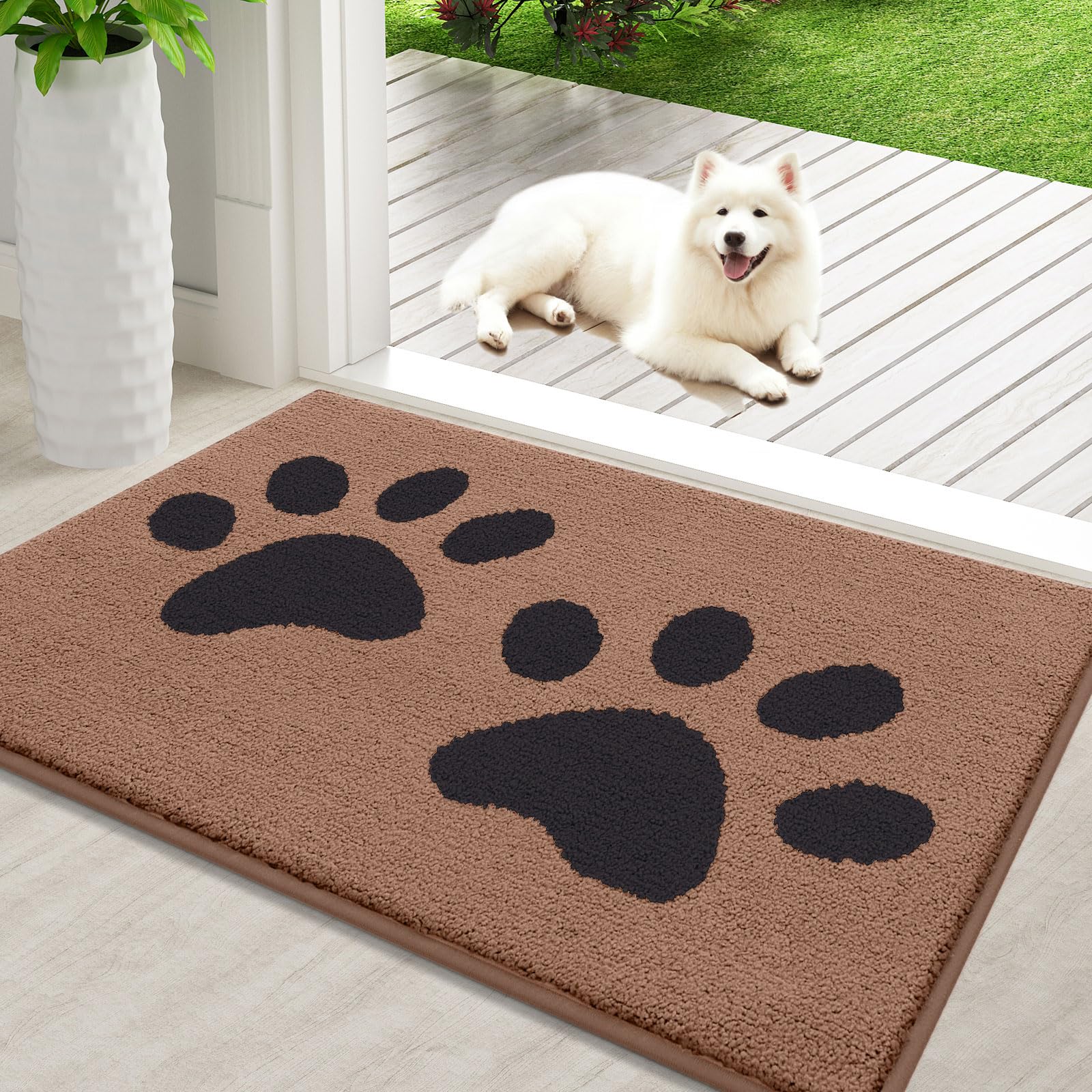 Buganda Dog Door Mat for Muddy Paws, Absorbent Dirt Trapper Washable Indoor Doormats, Non Slip Low-Profile Mud Mat for Dogs, Front Entrance Doormat for Inside Floor (36x24 Inches, Camel and Black)
