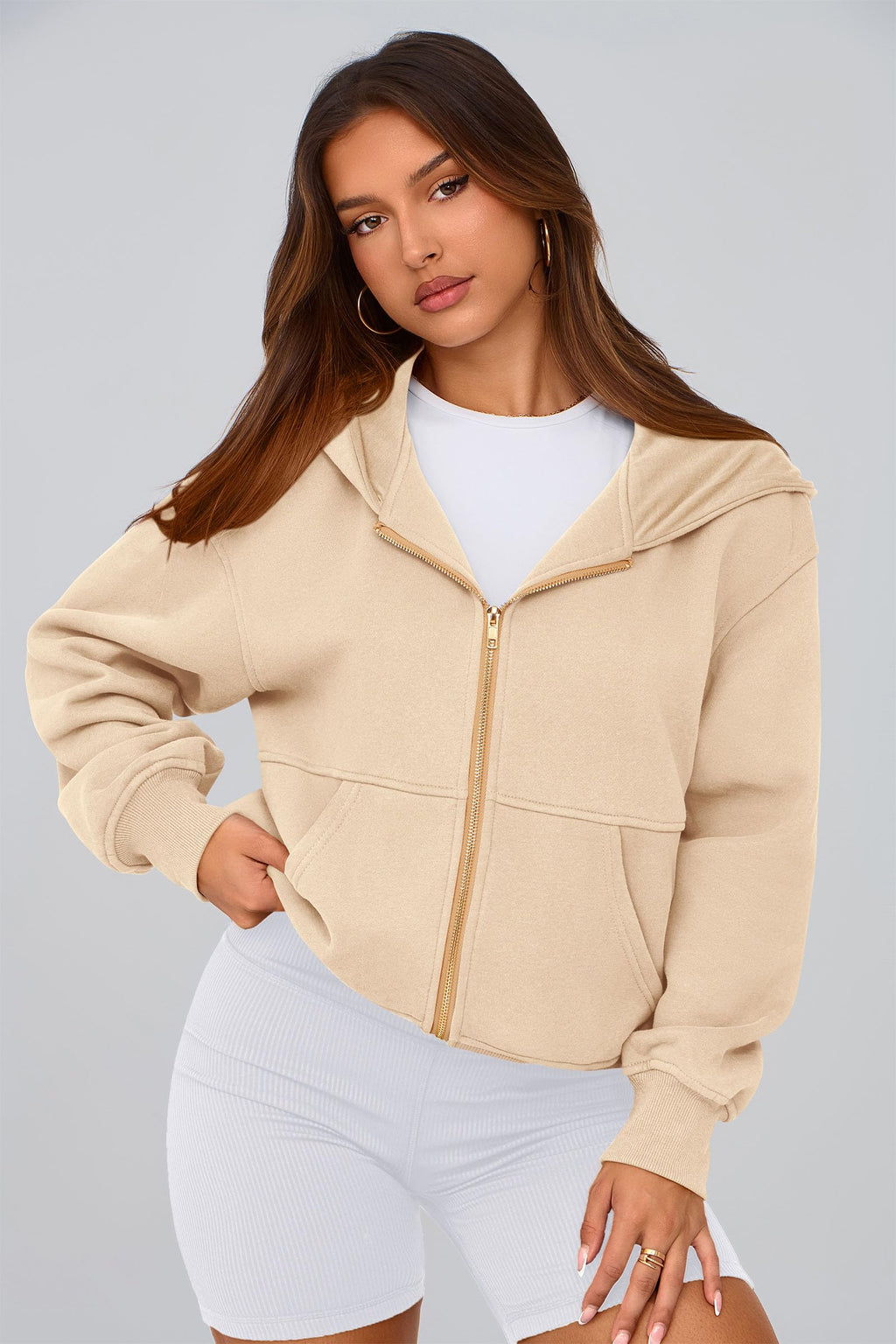 PRETTYGARDEN Hoodies for Women Sweatshirt Zip Up Hoodie Fall Fashion 2026 Trendy Long Sleeve Jackets Winter Clothing Outfits (Apricot,Medium)