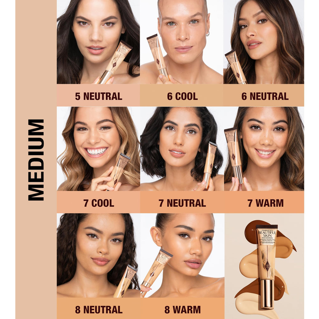 Charlotte Tilbury Beautiful Skin Medium Coverage Hydrating Foundation - Buildable Liquid Makeup for Instant Glow, Plumping Hydration & Lasting Skincare Benefits - 5 Neutral