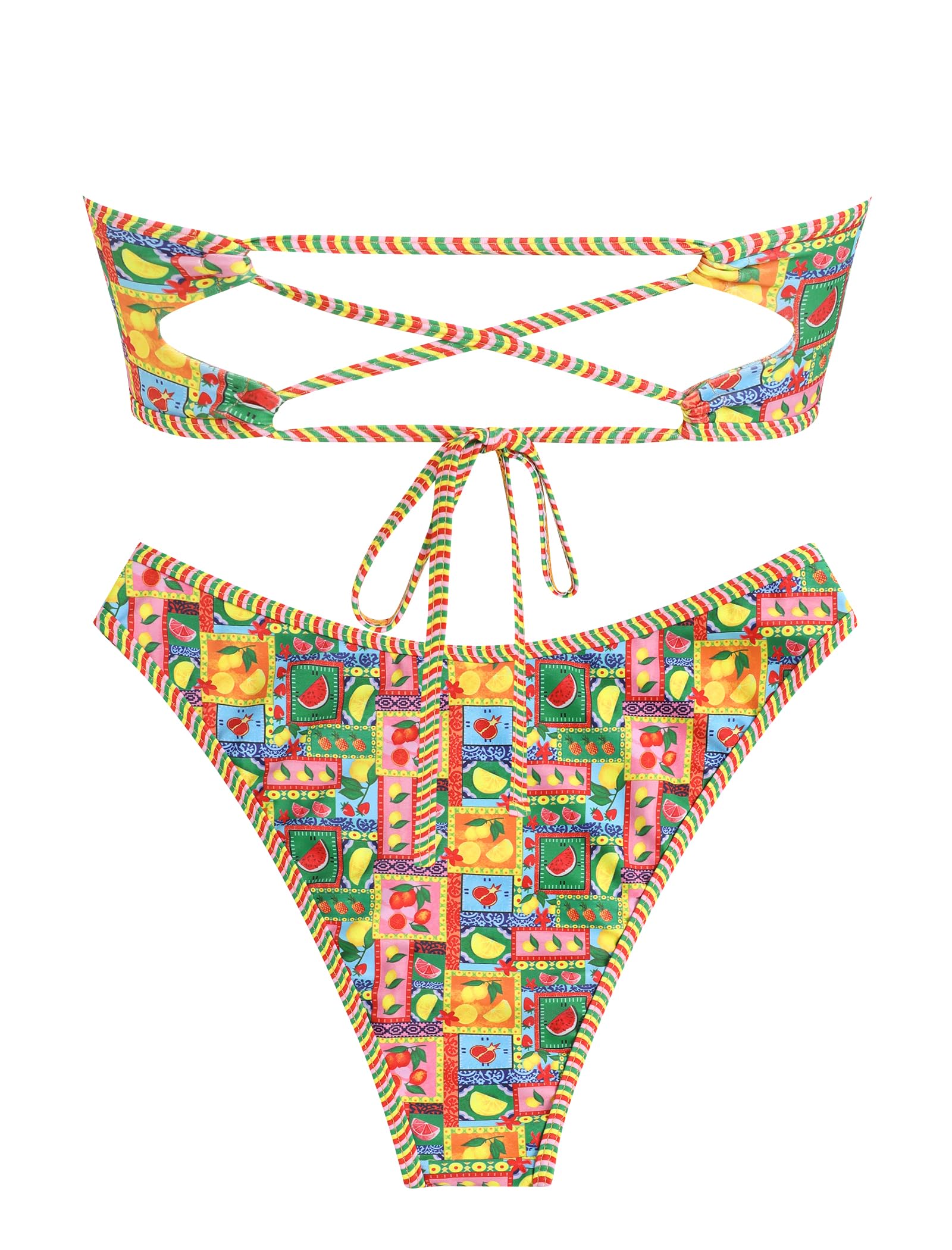 ZAFUL Women's Bandeau Bikini V Strapless Confetti Colorblock Tie Back High Cut Two Piece Swimsuit Bathing Suits (1-Fruit Pattern, M)
