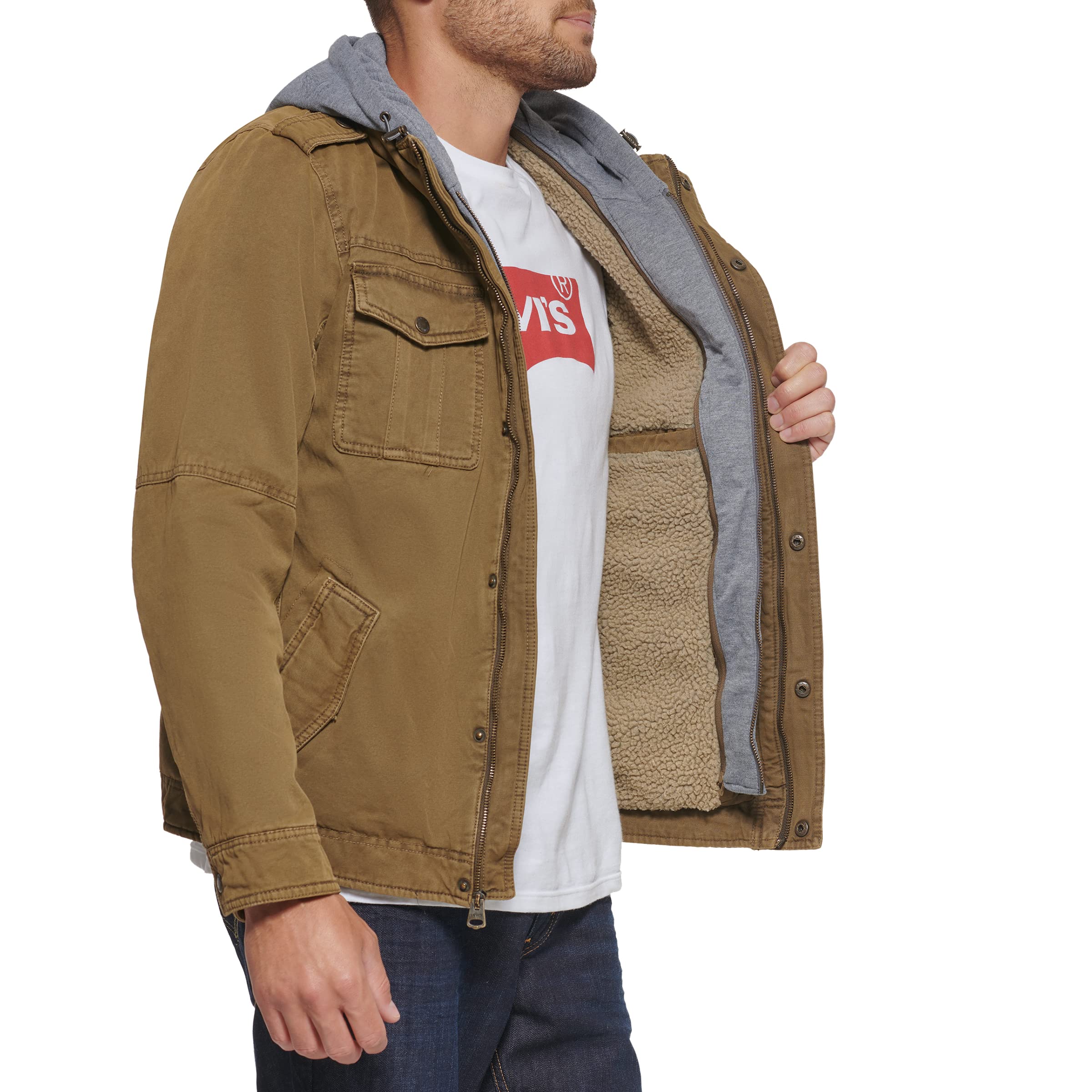 Levi's mens Washed Hooded Military cotton lightweight jackets, Khaki, X-Large US