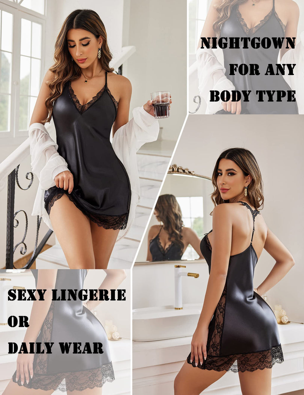 Avidlove Women's Slips Lingerie Nightgown Satin Lace Chemise Sexy Sleepwear S-4XL (Medium, Black)