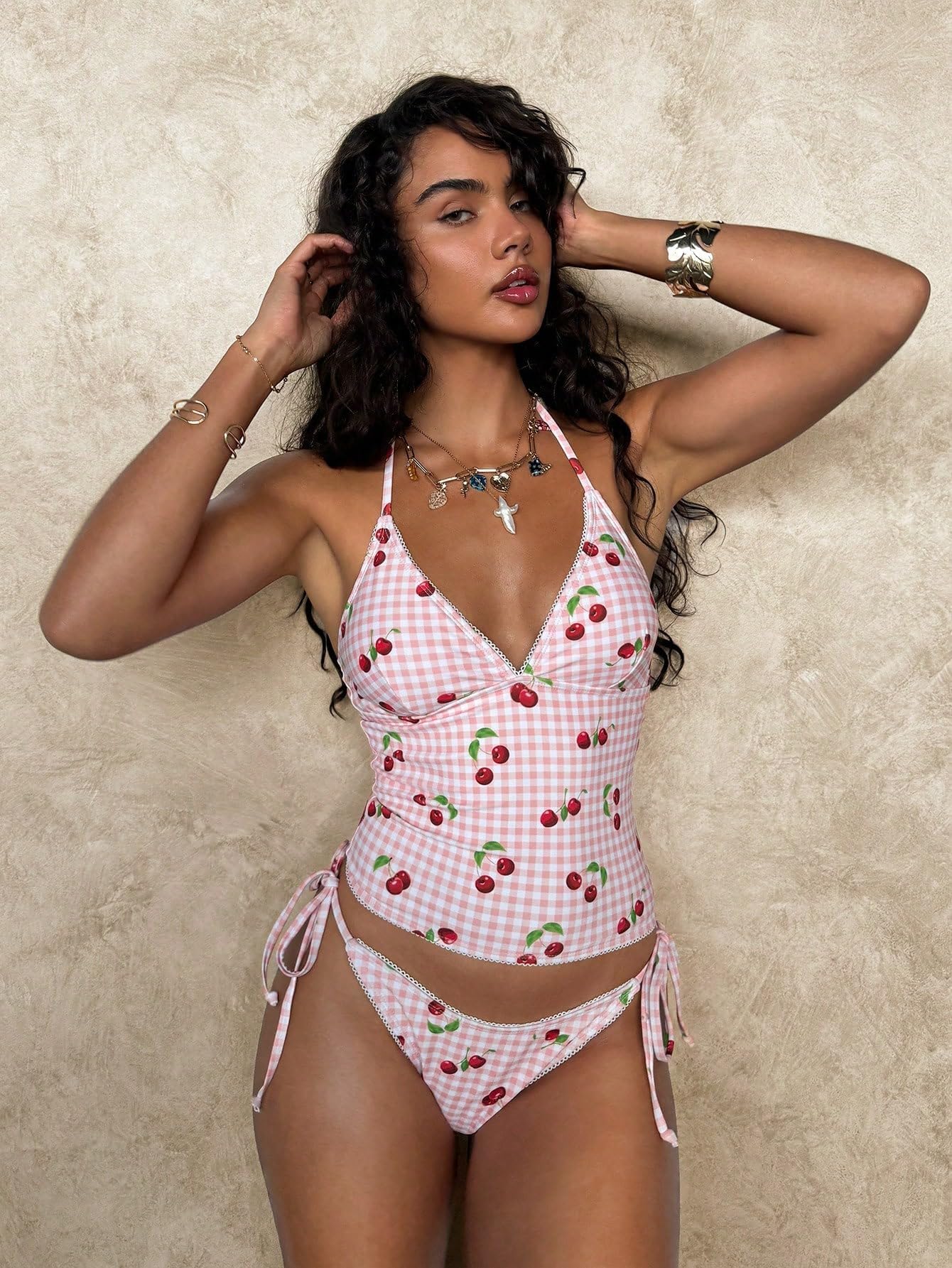 WDIRARA Women's Halter Tankini Swimsuit Cherry Print Gingham Tie Side 2 Piece Bathing Suit Pink X-Large