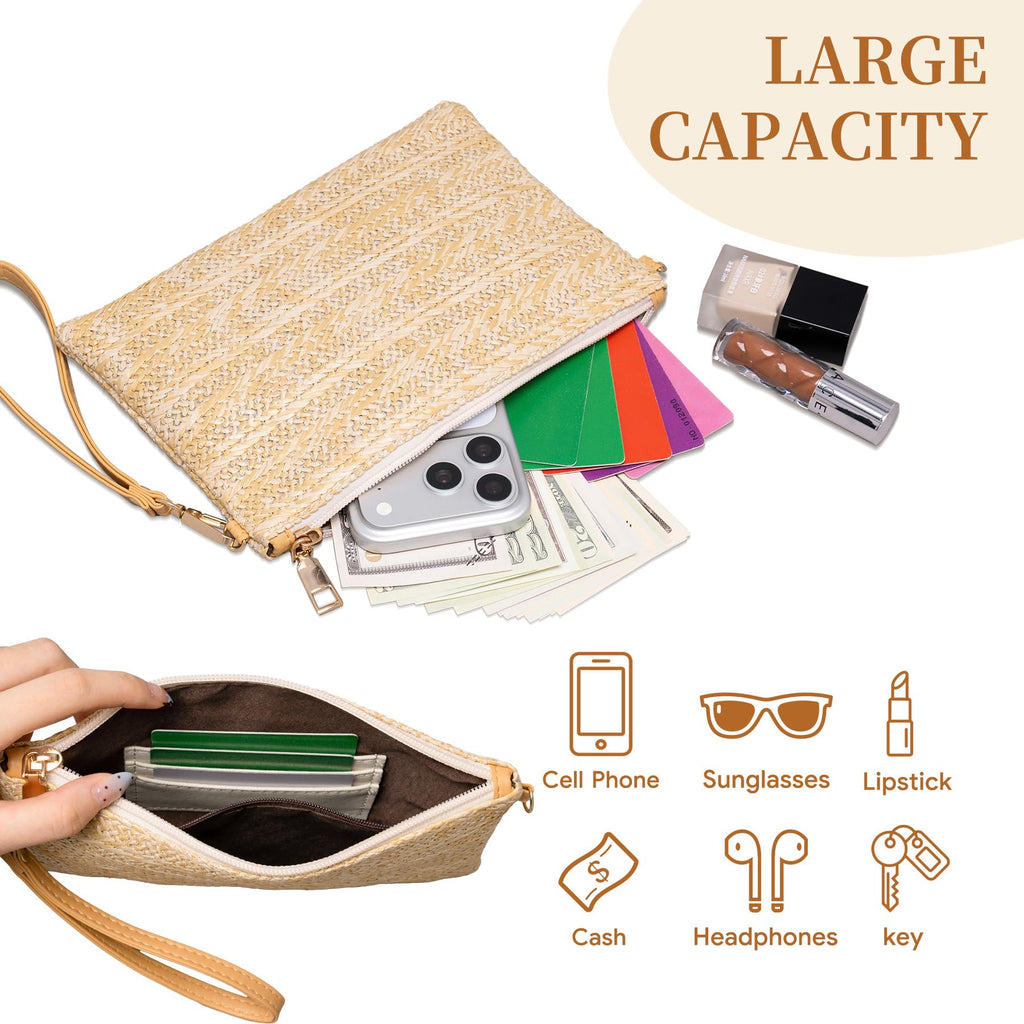 Larcenciel Straw Clutch Purses for Women w/Wrist Strap, Beige Woven Beach Purse & Chain Zipper, Boho Evening Wristlet Wallet, Summer Shoulder Crossbody Bag for Wedding Prom Vacation,8.6x5.7x0.4in