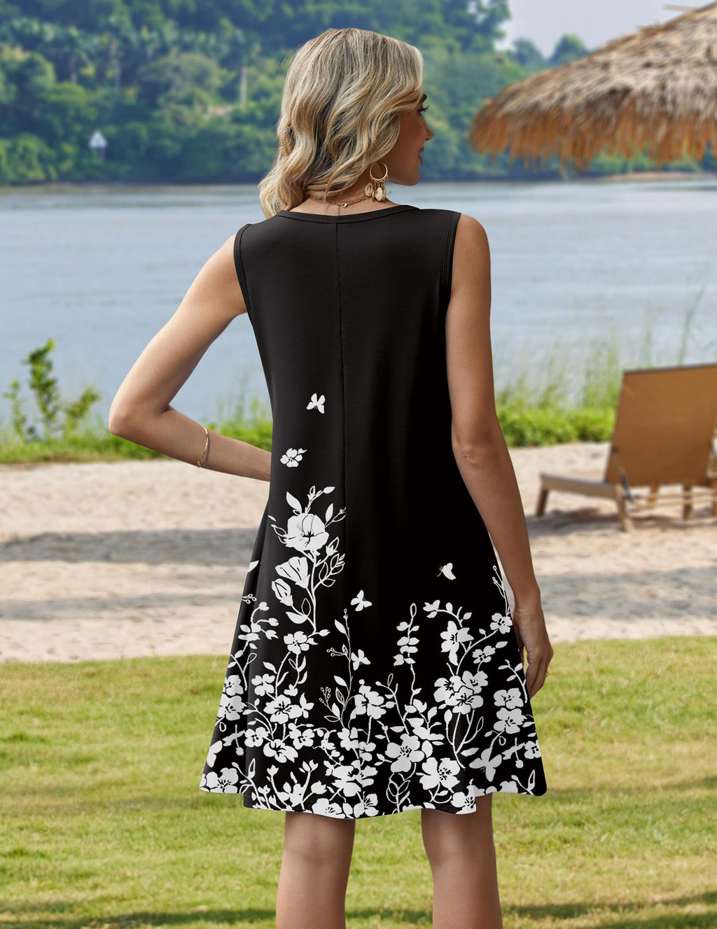 Zeagoo Beach Vacation Clothes for Women Casual Dress Aline Swing Sleeveless Tshirt Dresses Flroal Boho Dresses Casual Tank Mini Sundress with Pockets