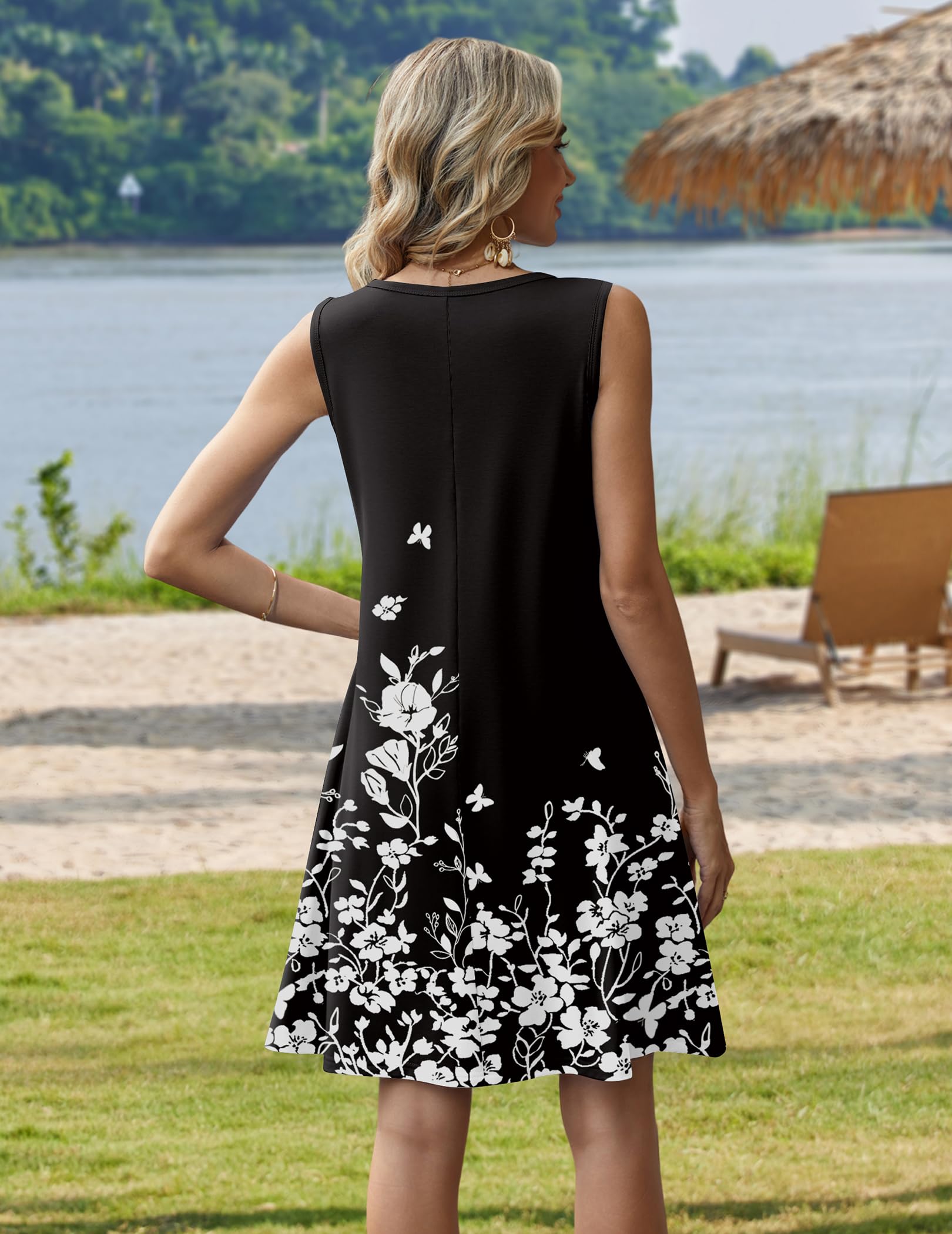 Zeagoo Hawaiian Dresses for Women 2026 Black Floral Tank Dress Aline Flowy Sleeveless Summer Mini Dress Casual Cotton Tunic Dresses Vocation Beach Sundress