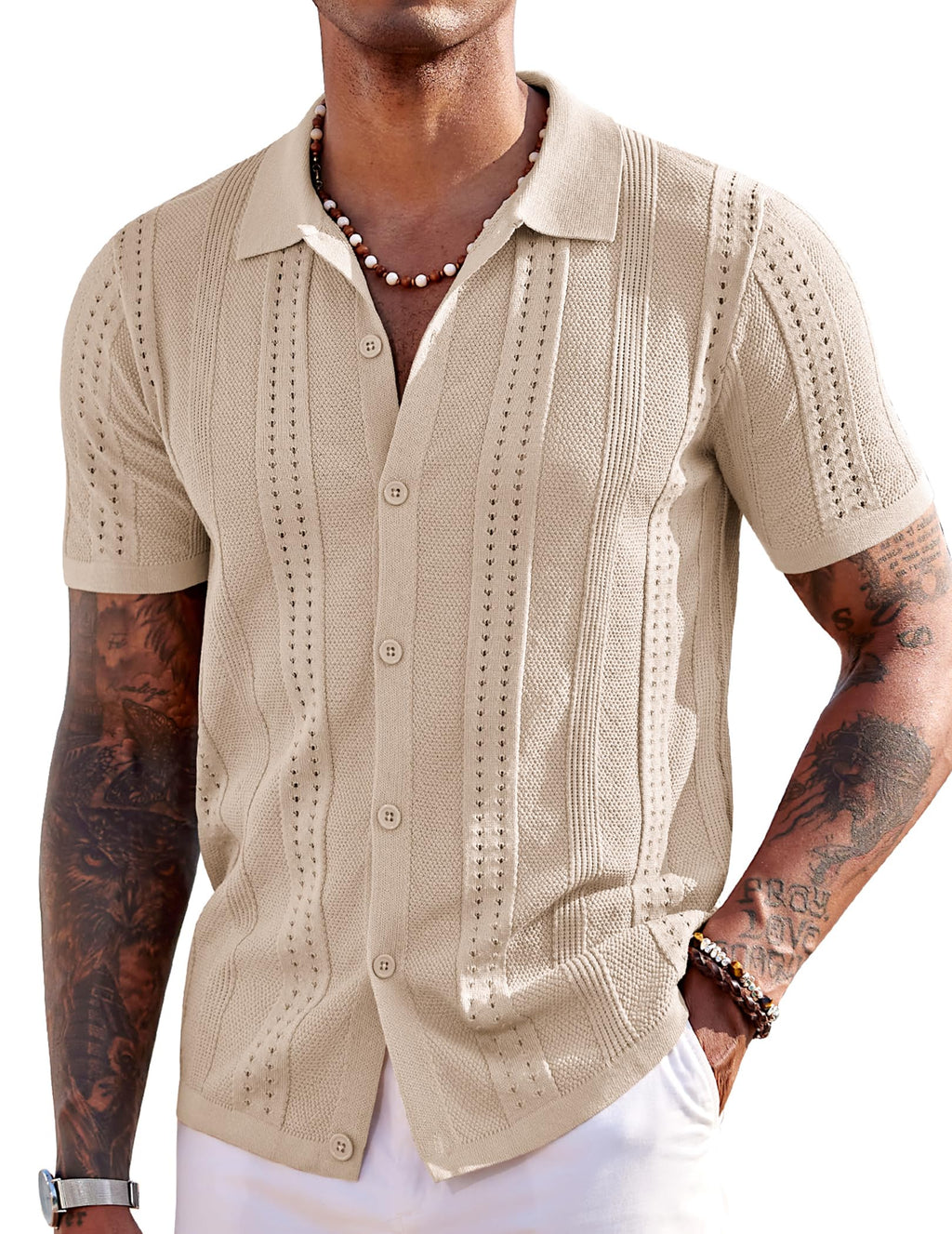 COOFANDY Men's Knit Shirts Short Sleeve Button Up Polo Shirt Fashion Casual Summer Beach Shirts, Apricot, Large