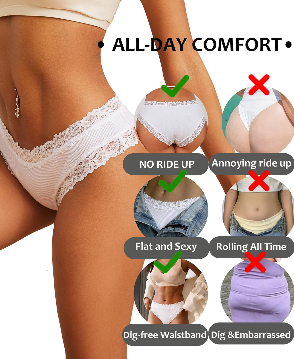 Knowyou Cotton Underwear for Women Cheeky Bikini Womens Underwear Pack Sexy Lace Wasit Hipster Brief Panties for Ladies-M