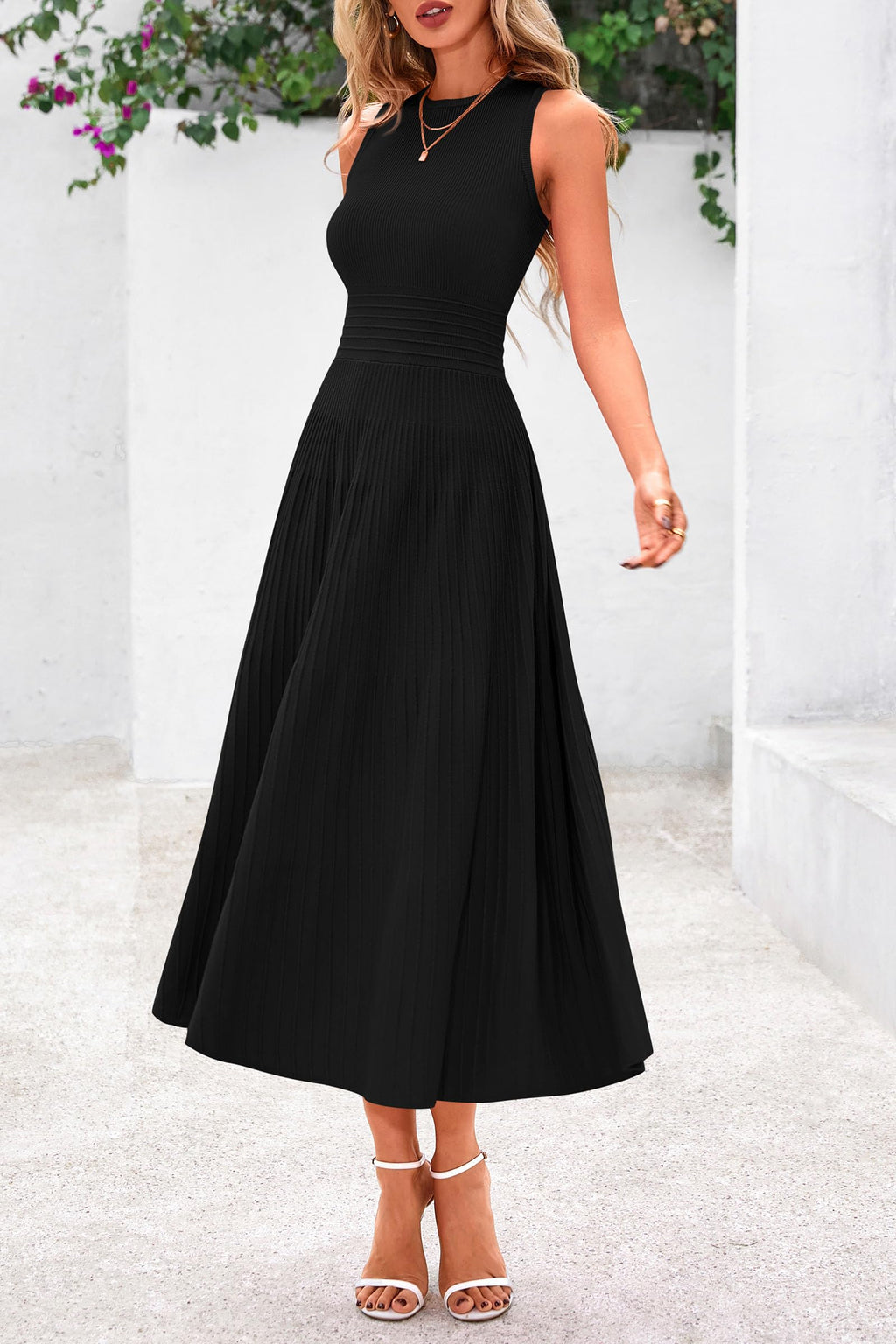 PRETTYGARDEN Spring Casual Dresses for Women 2026 Summer Business Work Midi Sleeveless A Line Pleated Cocktail Dress(Black,Medium)