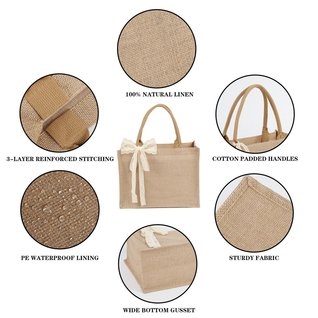 6pcs Burlap Tote Bag Set with Handles, Waterproof Reusable Blank Water Resistant Grocery Bags with Ribbon Large Jute Tote 15.35*6*12 Inch for Women Bridesmaid Gift Beach Shopping Wedding Travel DIY