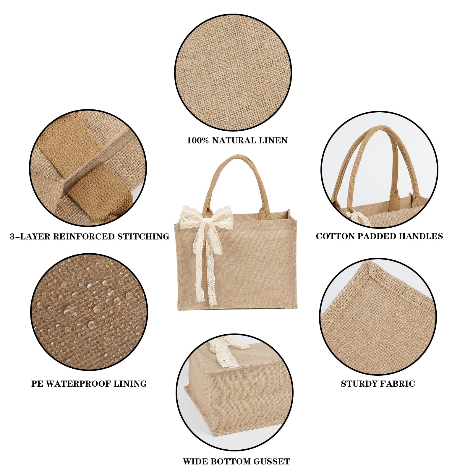 8pcs Burlap Tote Bag Set with Handles, Waterproof Reusable Blank Water Resistant Grocery Bags with Ribbon Large Jute Tote 15.35*6*12 In for Women Bridesmaid Gift Christmas Shopping Wedding Travel DIY