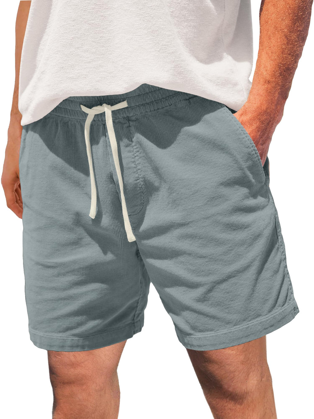 JEMLDL Corduroy Shorts for Men Elastic Waist Drawstring Lightweight Summer Beach 5 inch Inseam Shorts Men US 34 Medium Light Blue
