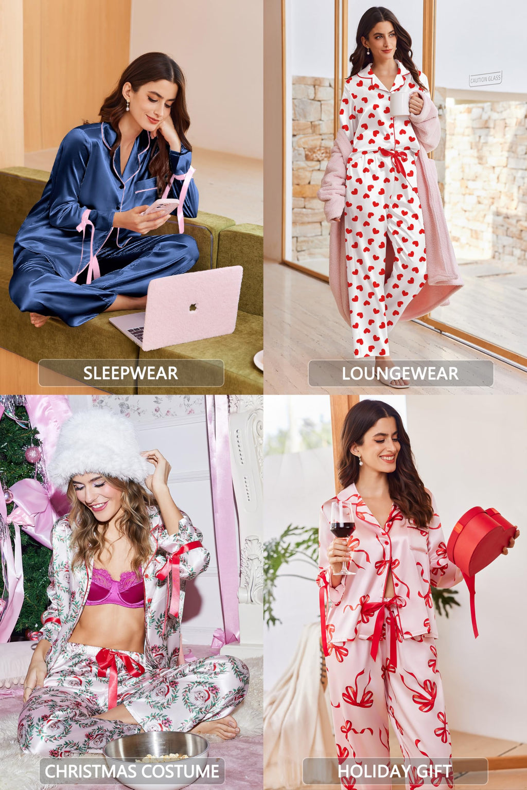 Ekouaer Women Classic Button Down Long Satin Pajamas Set,Bow Tie Silky Cute Pjs Sets Fancy Loungewear Caramel M