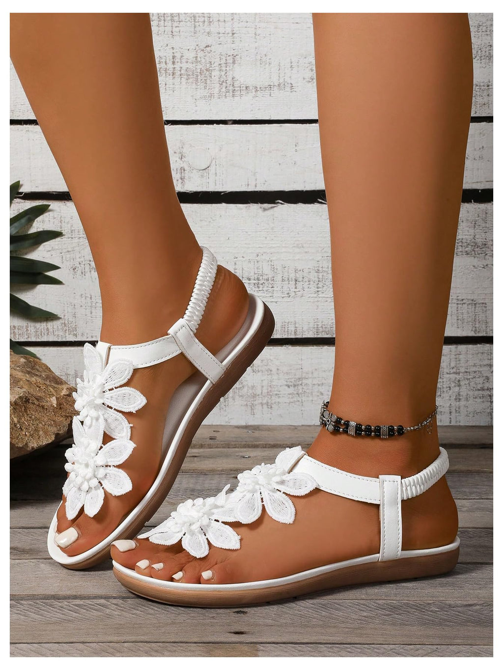 GORGLITTER Women's Flower Thongs Sandals With Ankle Strap Open Toe Trendy 2026 Summer Comfortable Wedding Beach Sandals White 9.5