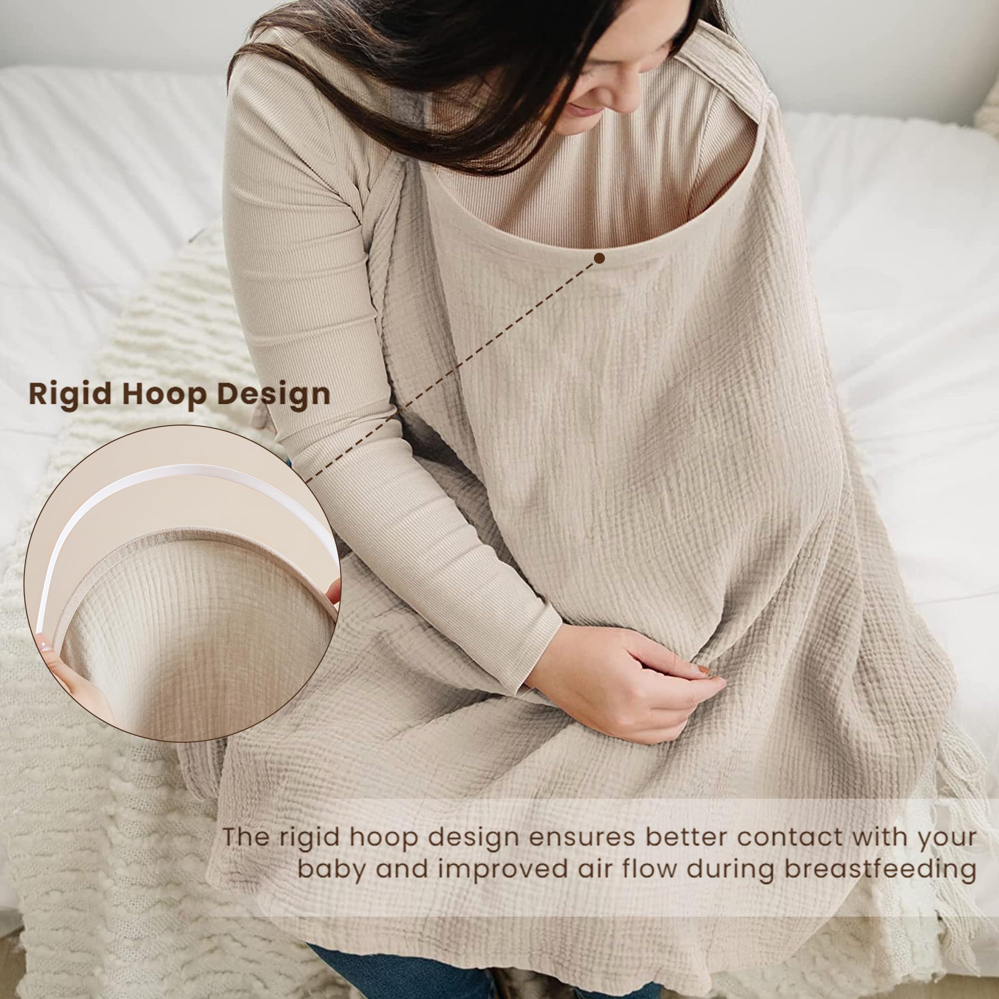 Konssy Muslin Nursing Cover for Baby Breastfeeding, Breathable 100% Cotton Breastfeeding Cover with Rigid Hoop for Mother Nursing Apron, Multi-use Carseat Canopy (Summer Wheat)