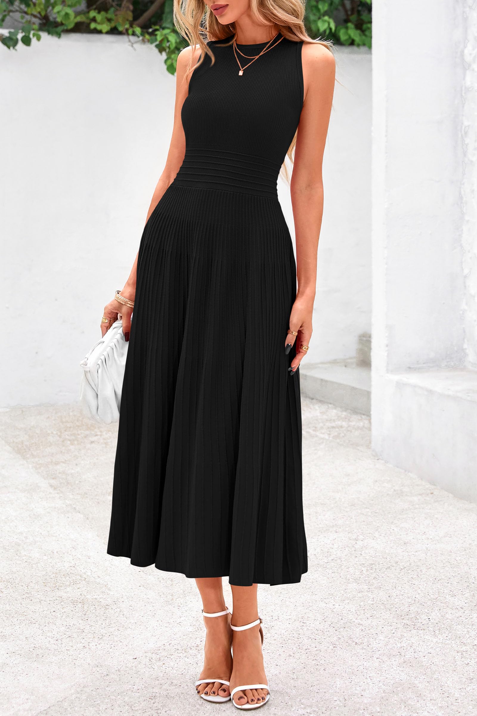 PRETTYGARDEN Spring Casual Dresses for Women 2026 Summer Business Work Midi Sleeveless A Line Pleated Cocktail Dress(Black,Medium)