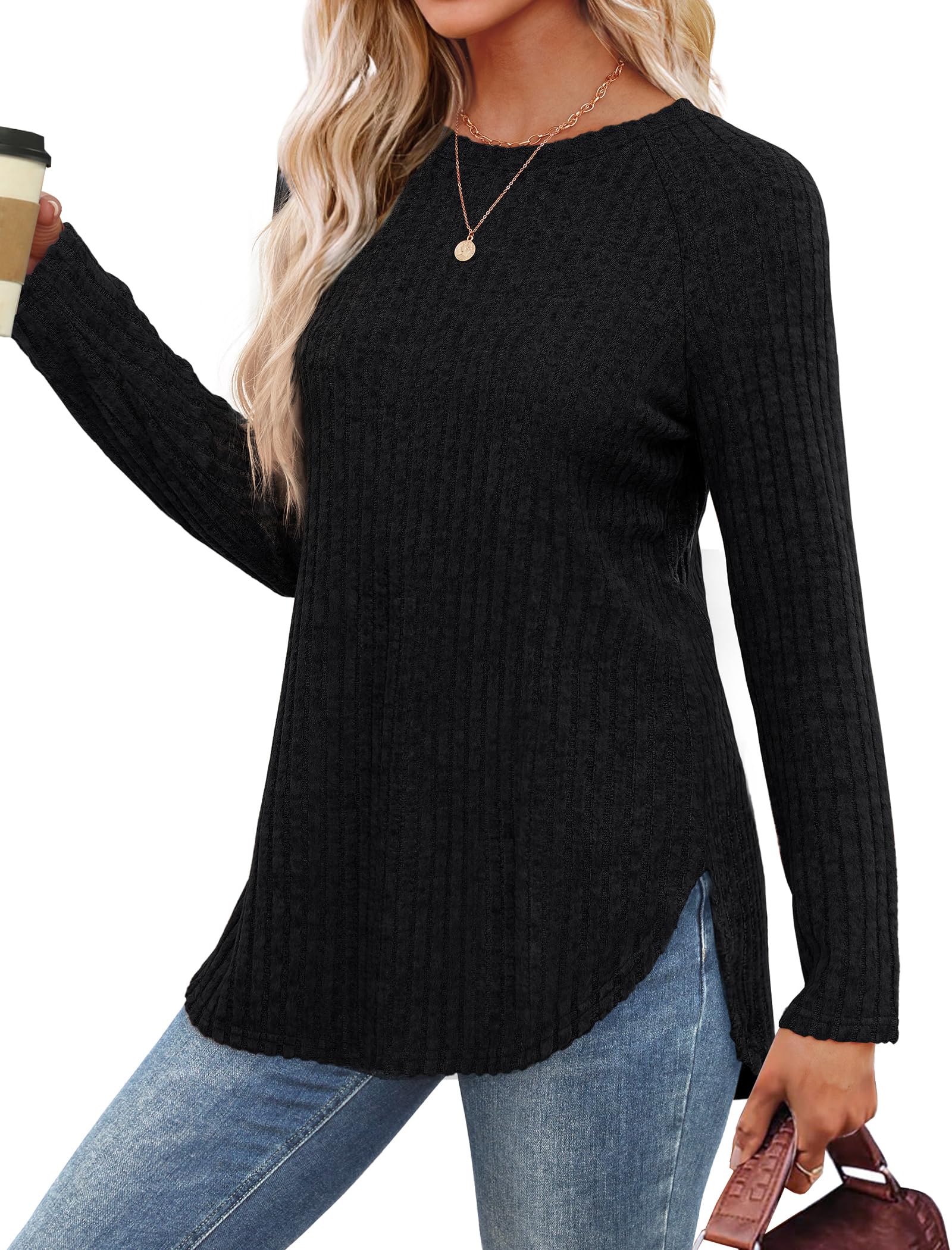 Saloogoe Black Sweaters for Women Tunic Shirts for Women Dressy Casual Long Sleeve Fall Tops 2025 Fashion XL
