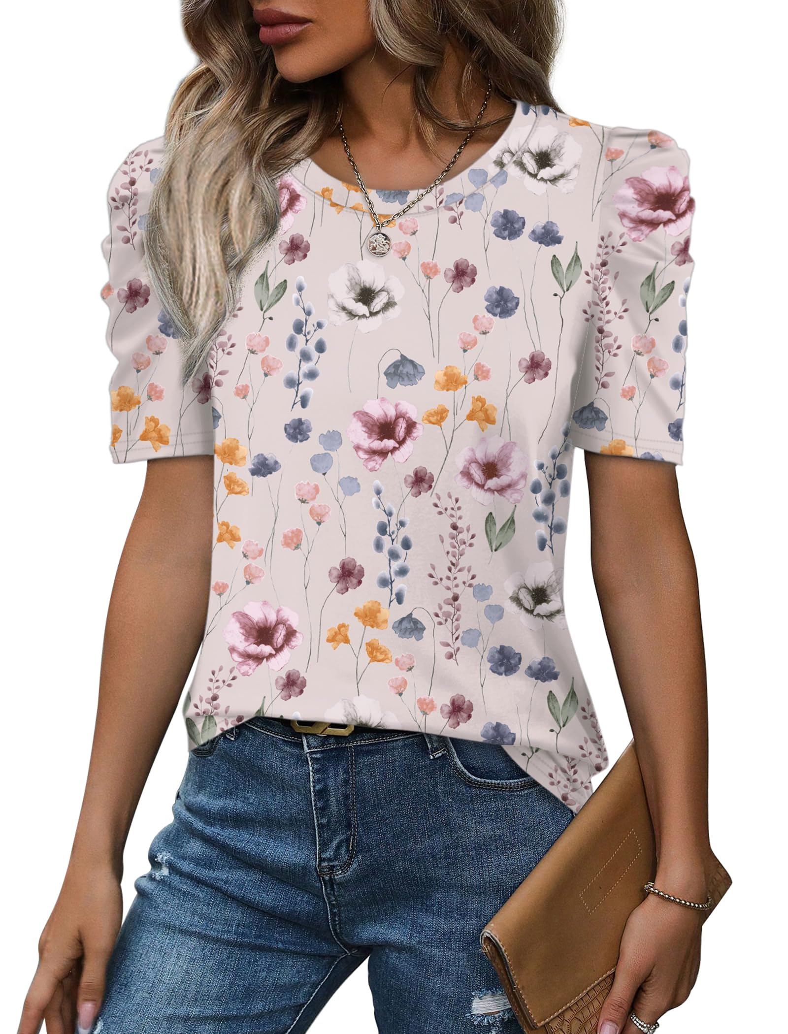 WIHOLL Plus Size Spring Tops for Women 2026 Dressy Casual Summer Lightweight Top and Blouses Crewneck Puff Sleeve School Teacher Shirts Fashion Clothes Floral XL