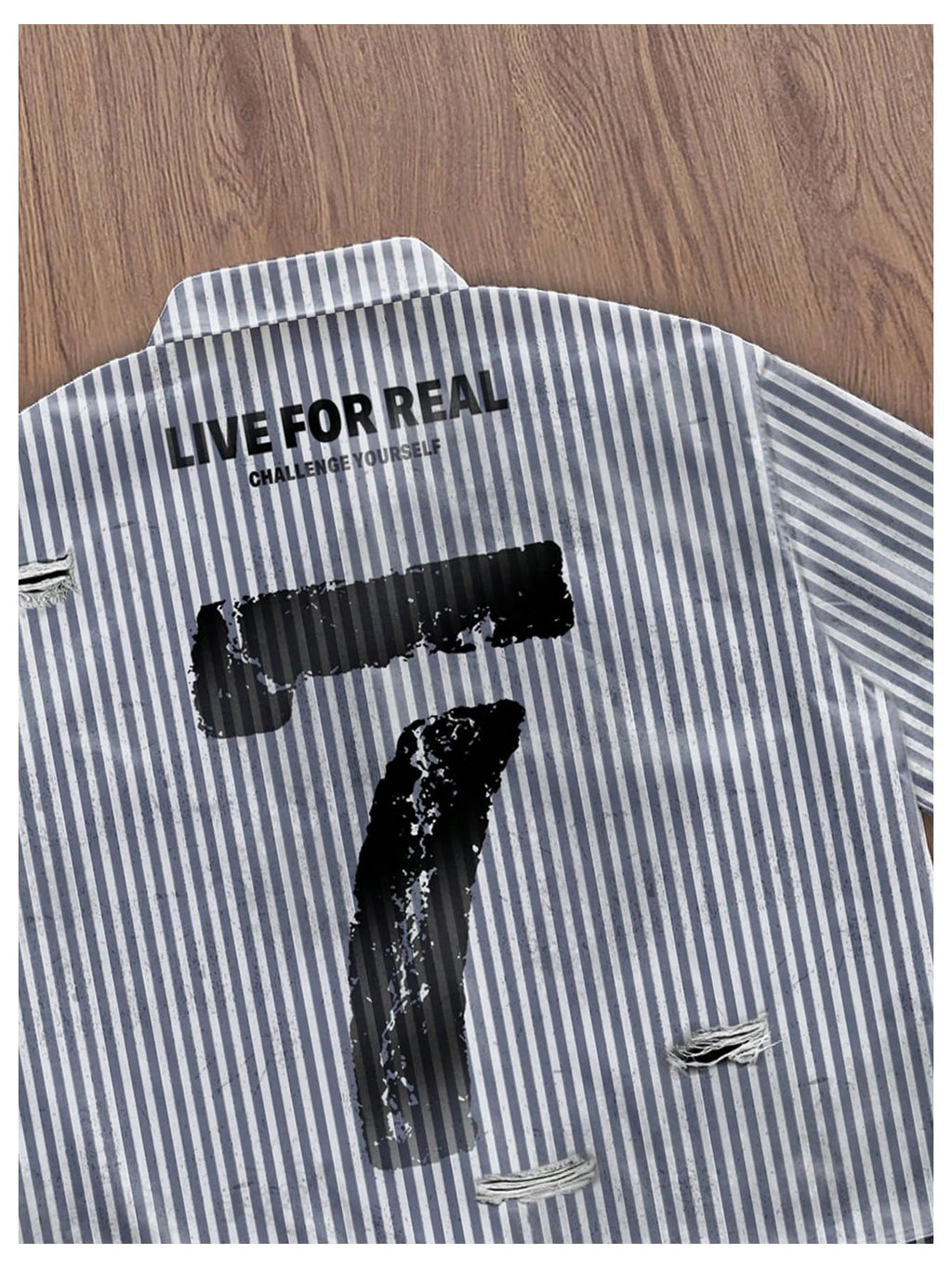 GORGLITTER Men's Letter Graphic Striped Cropped Button Down Shirts Ripped Short Sleeve Y2k Tops Casual Streetwear White and Grey Small