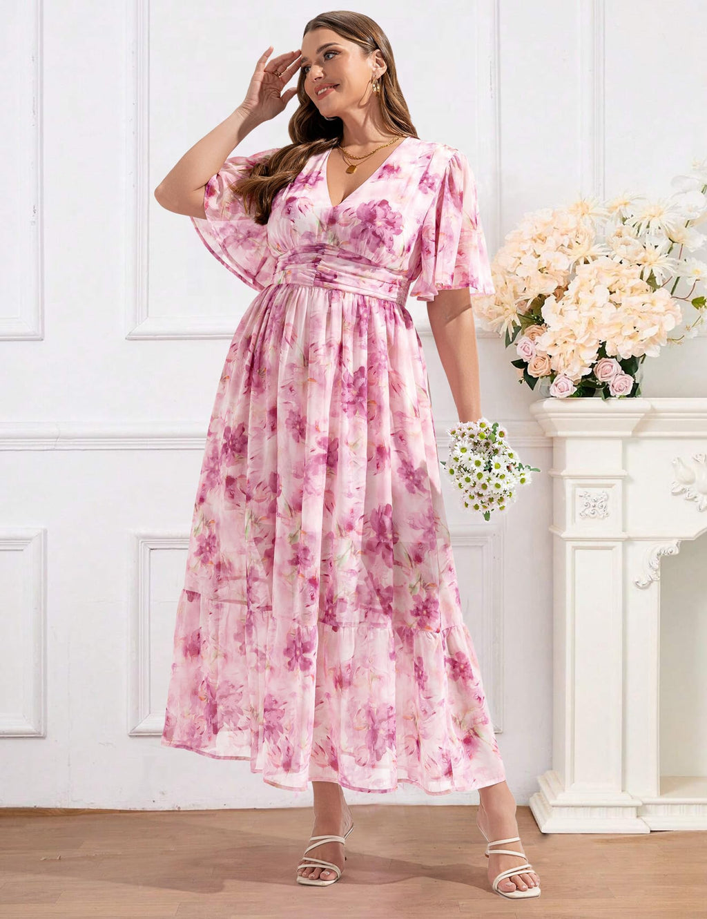 EYWOL Plus Size Wedding Guest Dress - Chiffon Floral Maxi Dress with Flutter Sleeves, Tea Party Dresses for Woman, V Neck High Waist Summer Dresses Pink