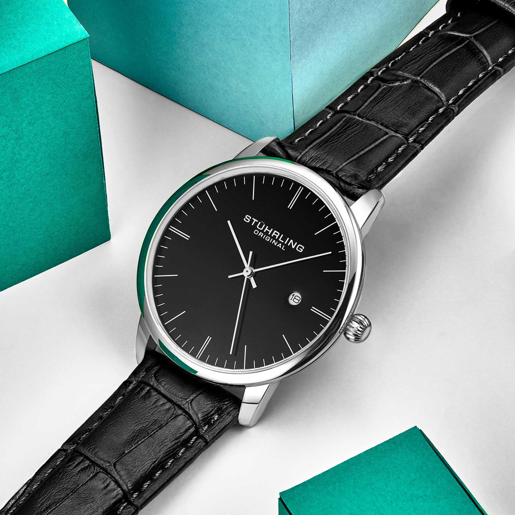 Stuhrling Original Men’s Watch Black Dial Dress Watch 40mm, Ultra Slim Mens Watch Black Leather Strap, Quartz Analog Men’s Wrist Watch, Classic Minimalist Watch for Men
