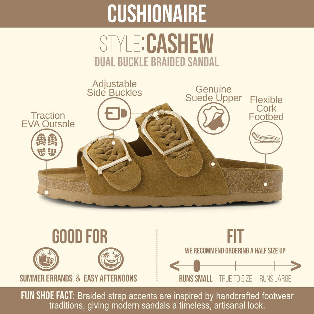CUSHIONAIRE Cashew Slip On Womens Sandals, Genuine Suede Leather Braided Double Strap Slide On Sandals with Adjustable Big Buckle for Women 2026, Chestnut 8
