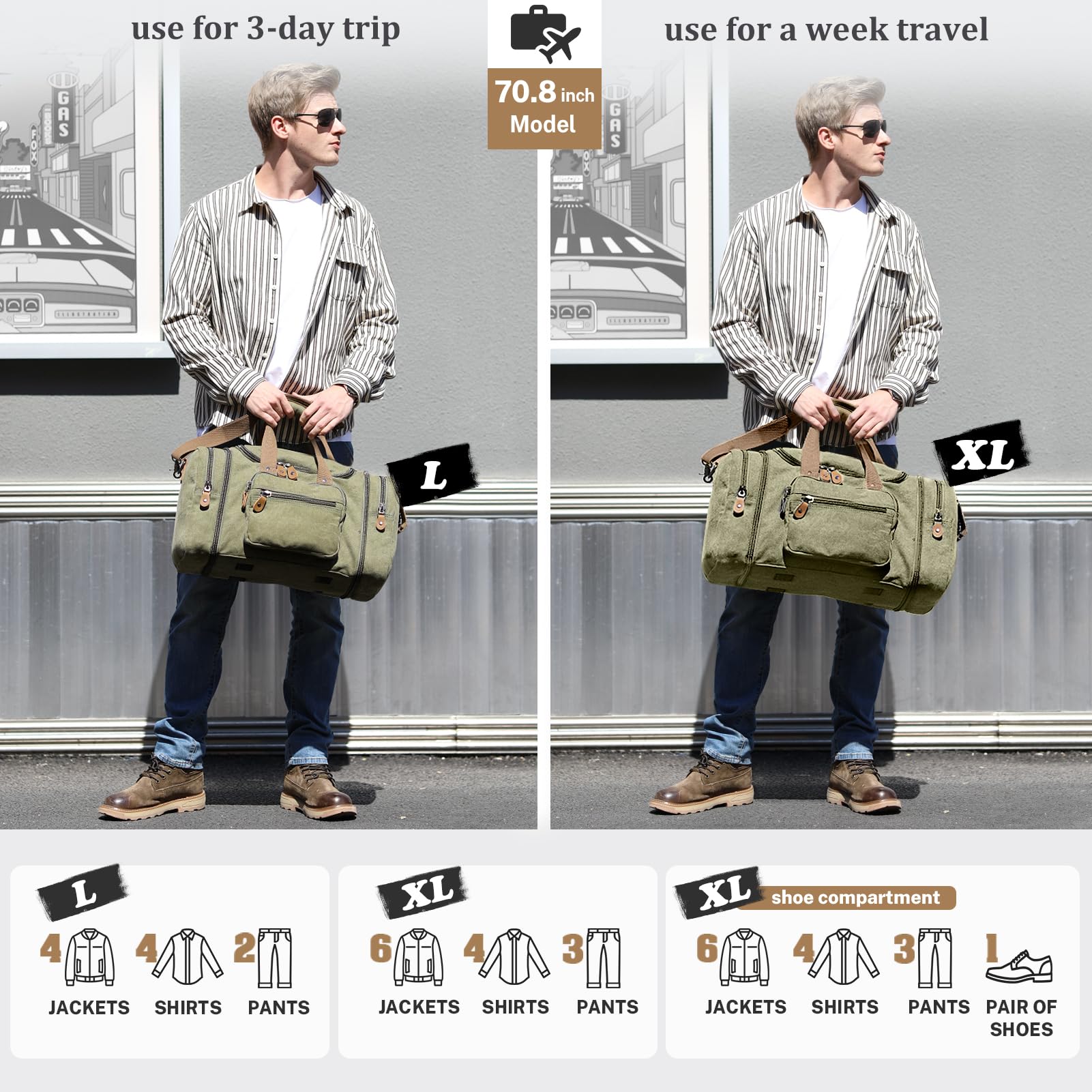 Gonex Canvas Duffle Bag for Travel 50L Duffel Overnight Weekender Bag (Army Green)