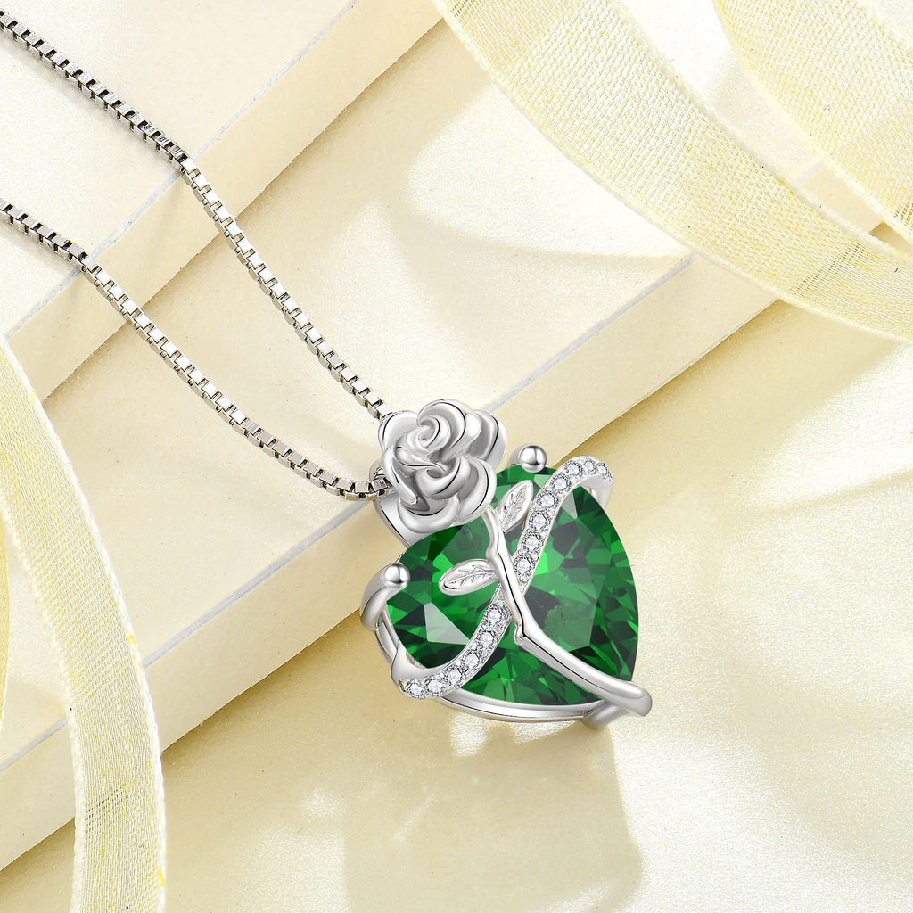 Rocayi Emerald Necklace May Birthstone Necklace for Women 925 Sterling Silver Love Heart Rose Flower Necklace Dainty Jewelry for Women