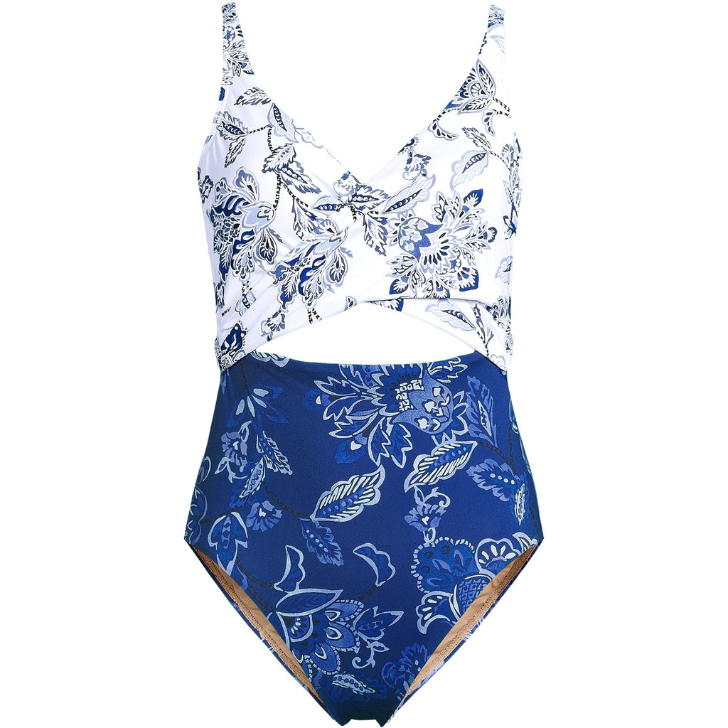 Lands' End Women's Wrap Monokini High Leg One Piece Swimsuit 0 White/Blue Vintage Floral Mix