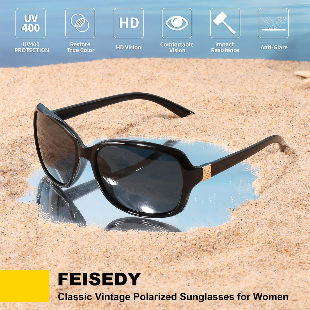 FEISEDY Polarized Sunglasses for Women Classic Vintage Square Wraparound UV400 Protection Shade B0309 Black/Grey