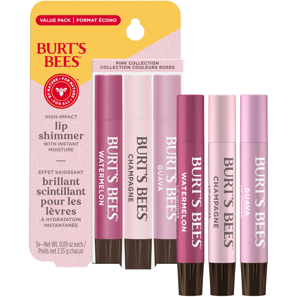 Burt's Bees Lip Shimmer Pink Collection for Valentine's Day Gifts, Tinted Lip Balm Stick, Moisturizing for All Day Hydration with Natural Glowy Pigmented Finish & Buildable Color, Value Pack, 3 Tubes