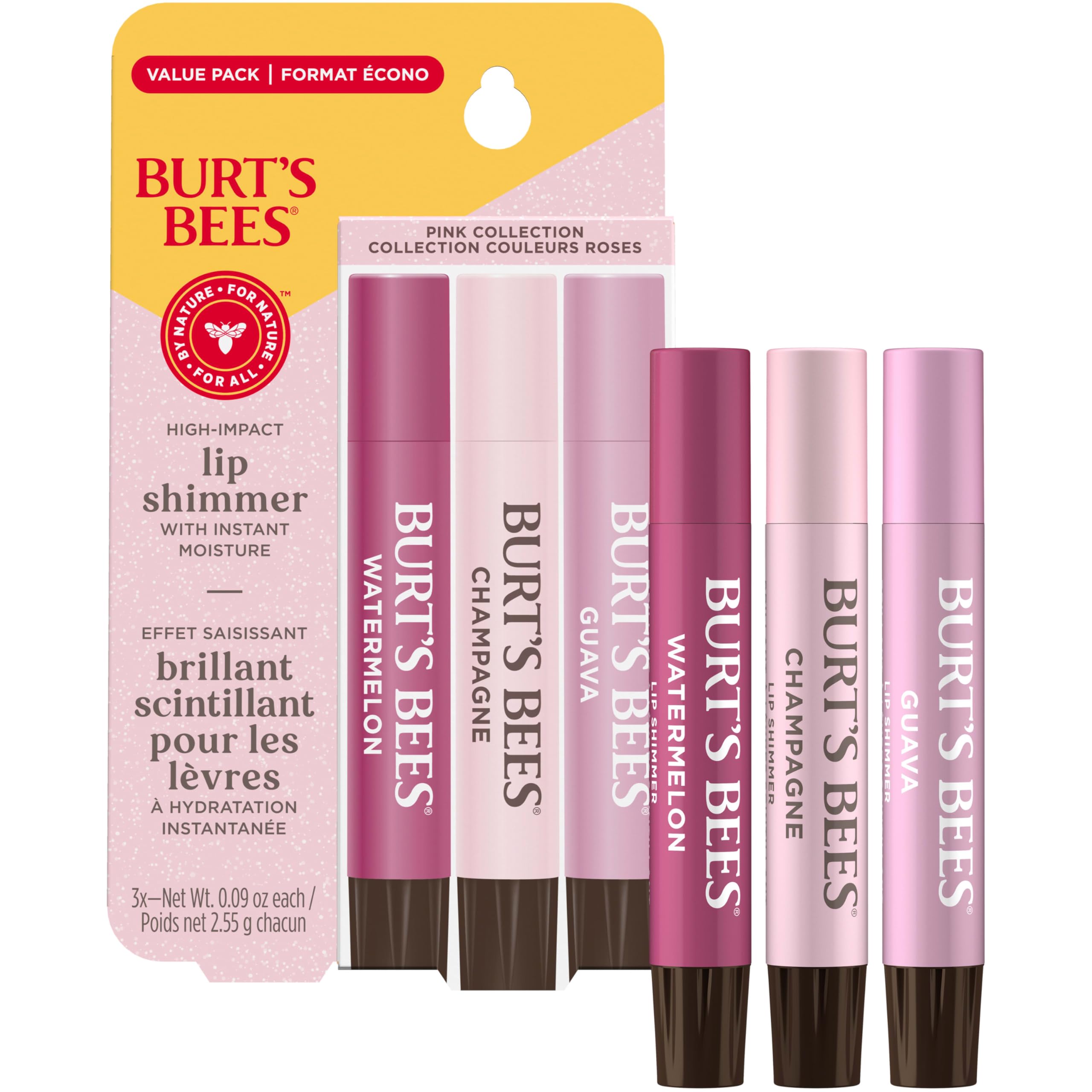 Burt's Bees Lip Shimmer Pink Collection for Valentine's Day Gifts, Tinted Lip Balm Stick, Moisturizing for All Day Hydration with Natural Glowy Pigmented Finish & Buildable Color, Value Pack, 3 Tubes