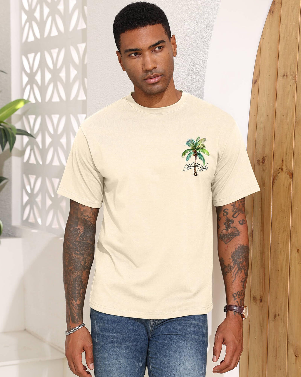 Mens Graphic T-Shirts Short Sleeve Malibu Vibe Palm Tree Print Top 100% Cotton Casual California Tees for Men Apricot