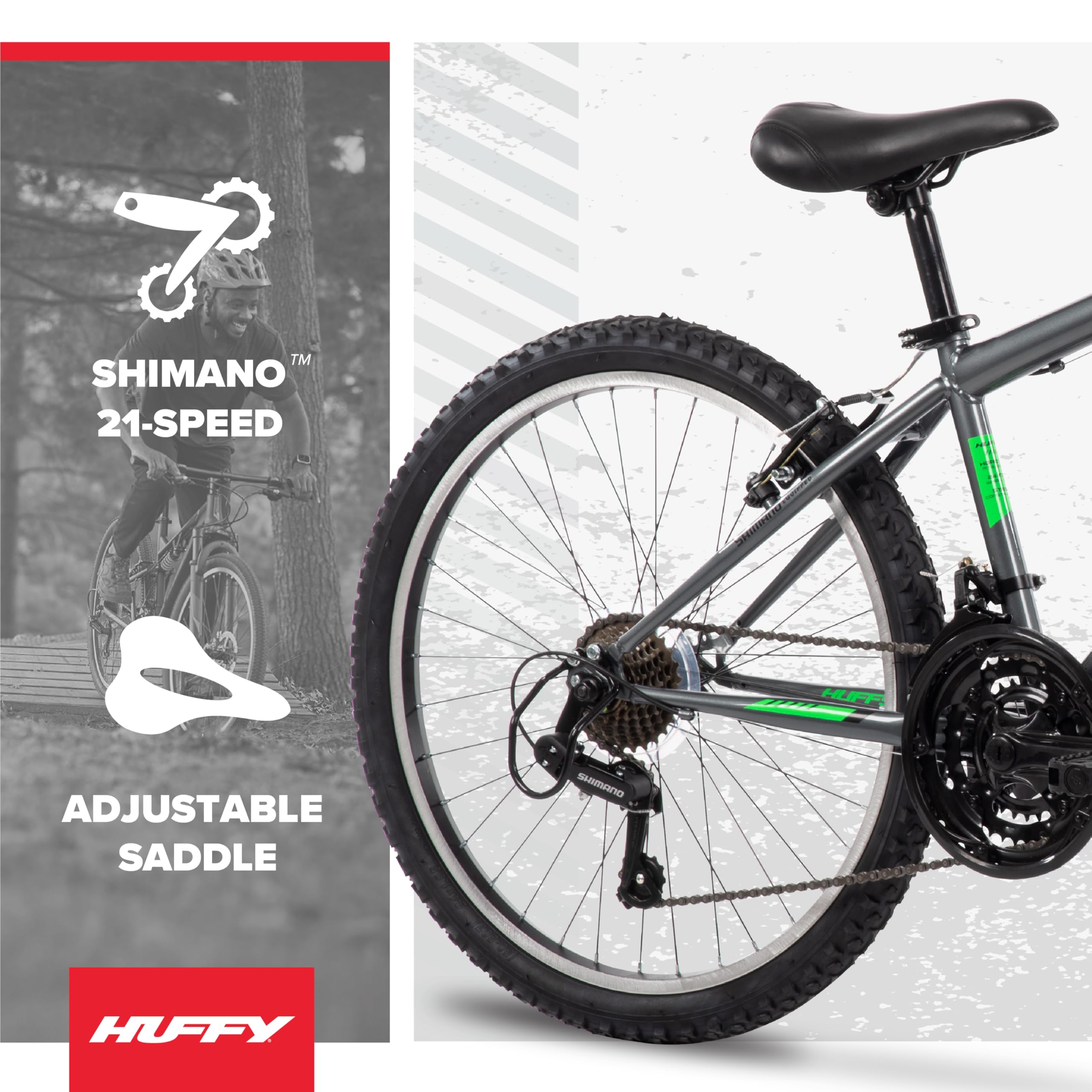 Huffy Stone Mountain Mens 24 Inch Mountain Bike, Charcoal Gloss Frame, 21-Speed Shimano Twist Shifting, Front Suspension, Comfort Saddle | 20"/24"/26" Sizes, 6-21 Speeds, Dual Suspension Available