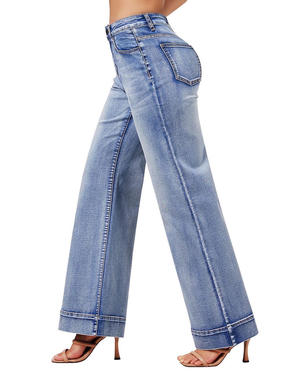 roswear Women's Wide Leg Jeans Casual High Waisted Stretchy Baggy Loose Long Trouser Jeans Light Blue Medium